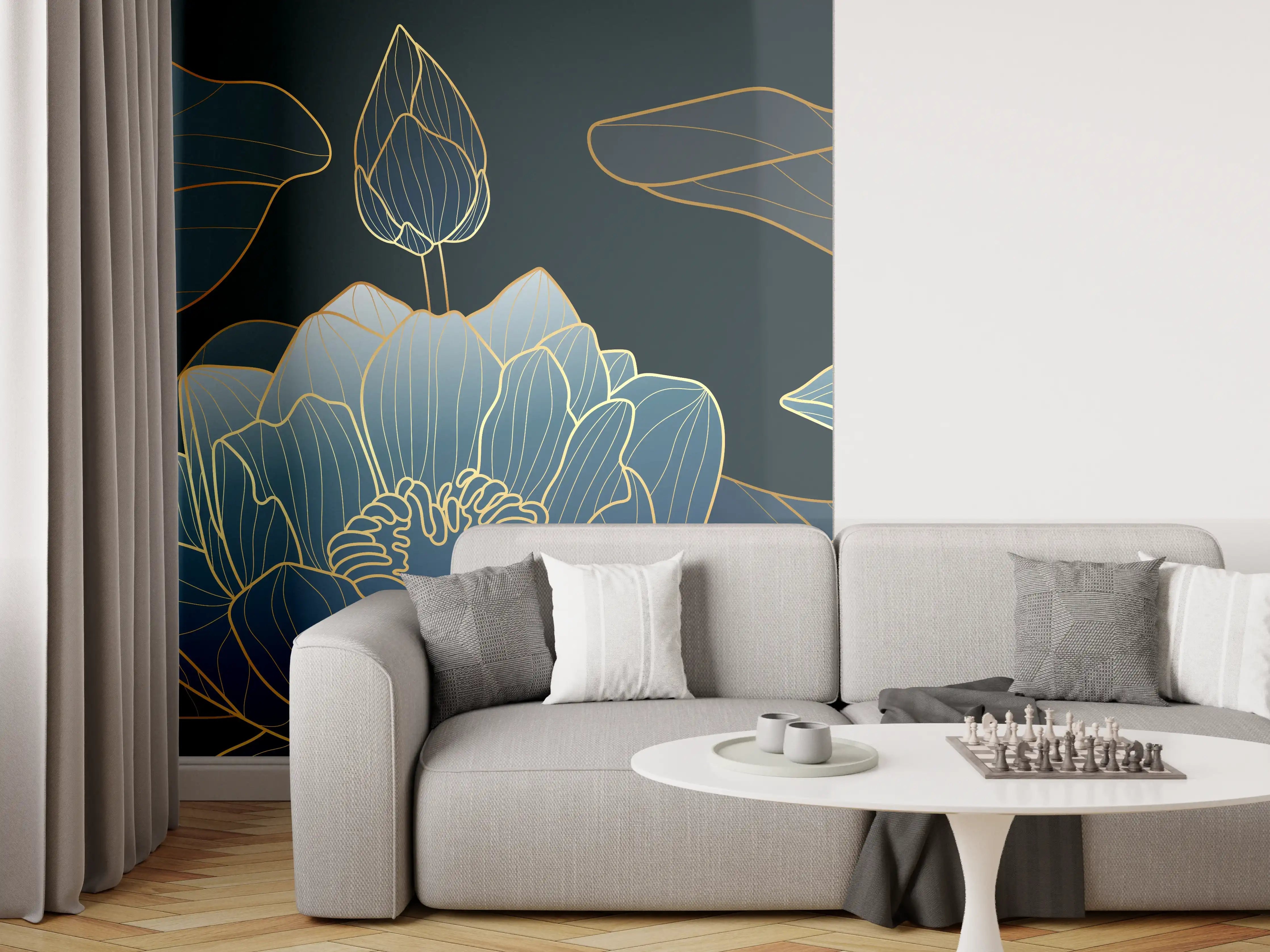 Wandverkleidung Wohnzimmer - Elegante Blau-Weiße Blumenillustration