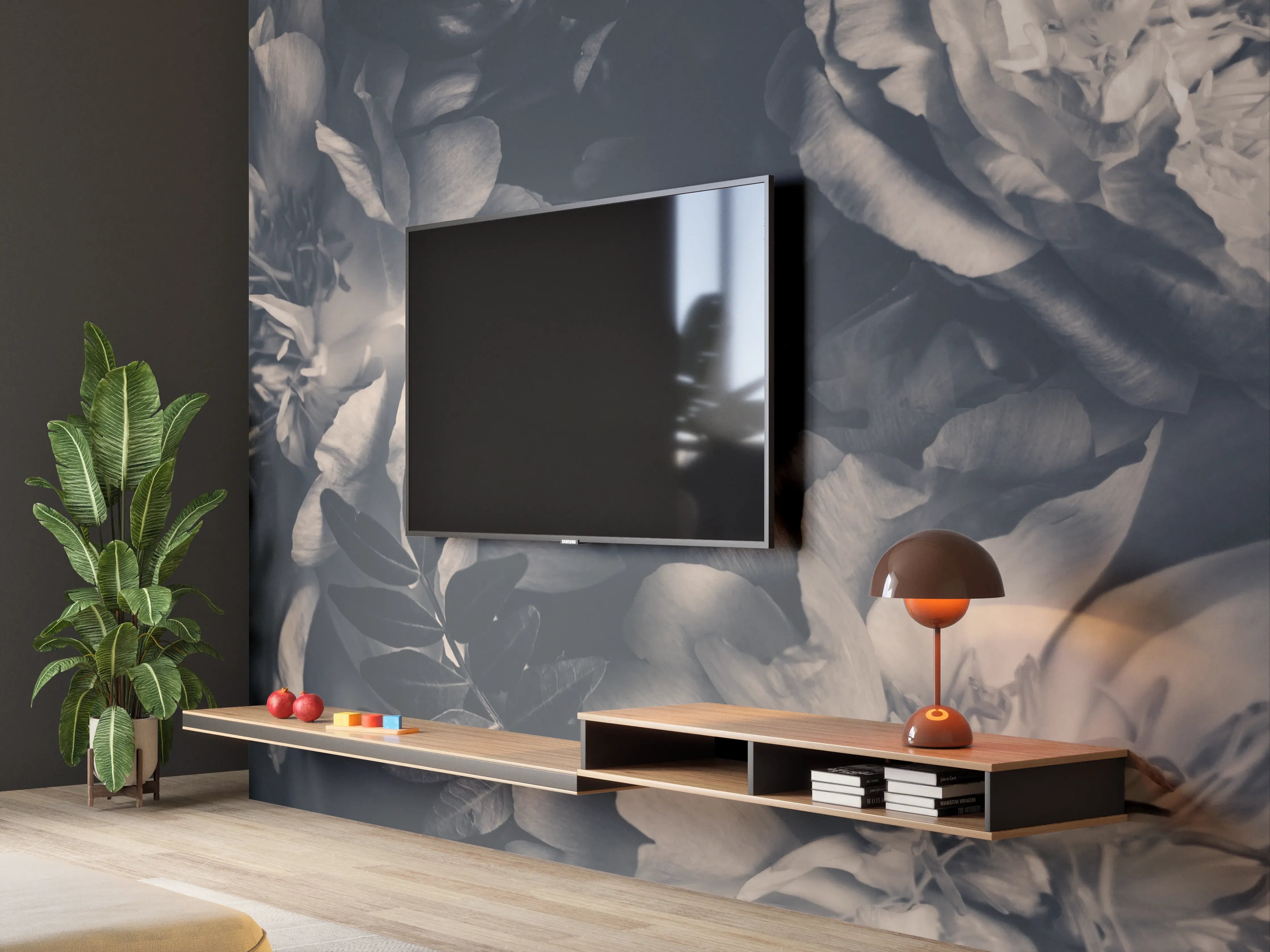 Wandverkleidung Wohnzimmer - Elegante Blumen in Grautönen