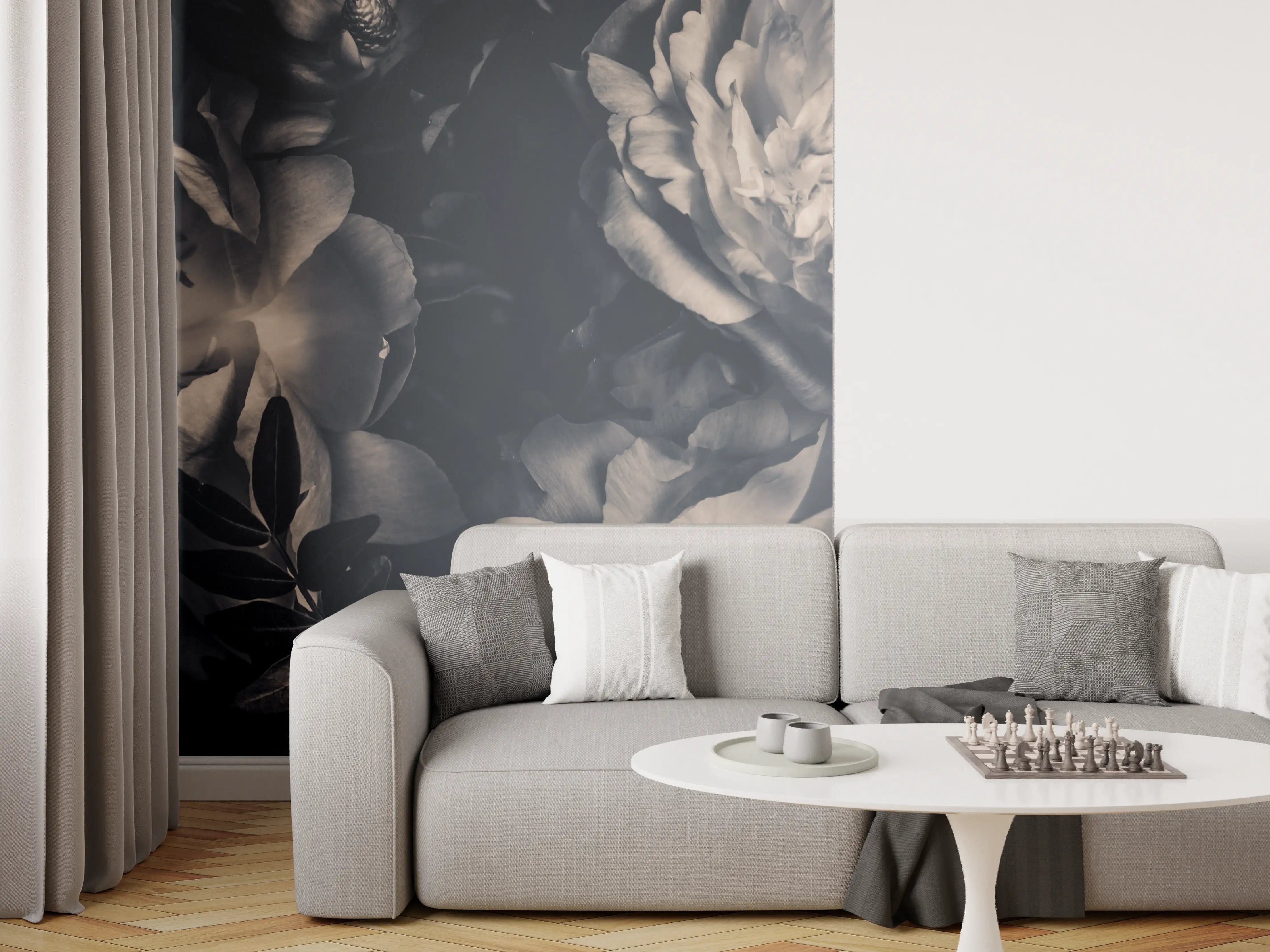 Wandverkleidung Wohnzimmer - Elegante Blumen in Grautönen