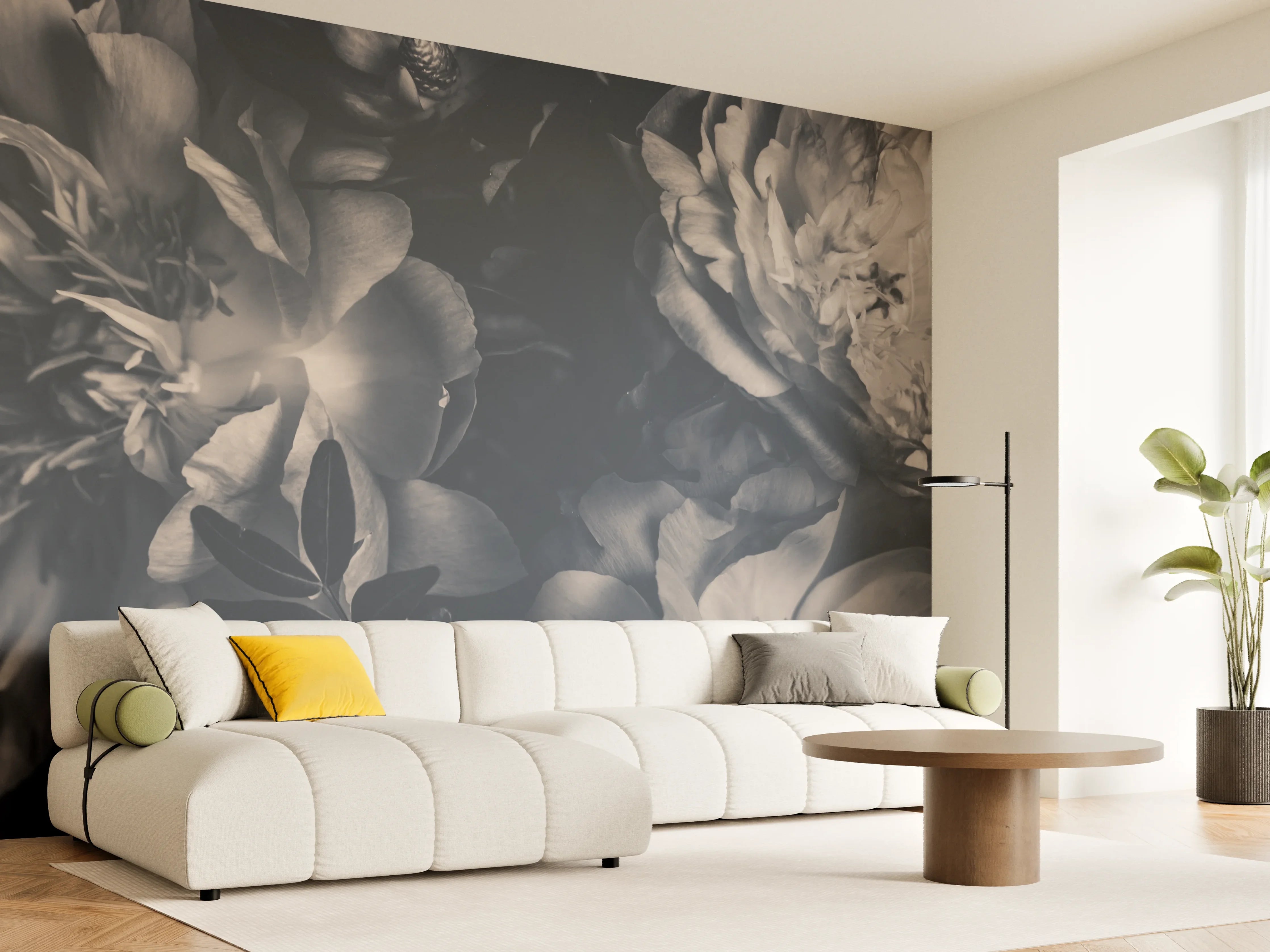Wandverkleidung Wohnzimmer - Elegante Blumen in Grautönen