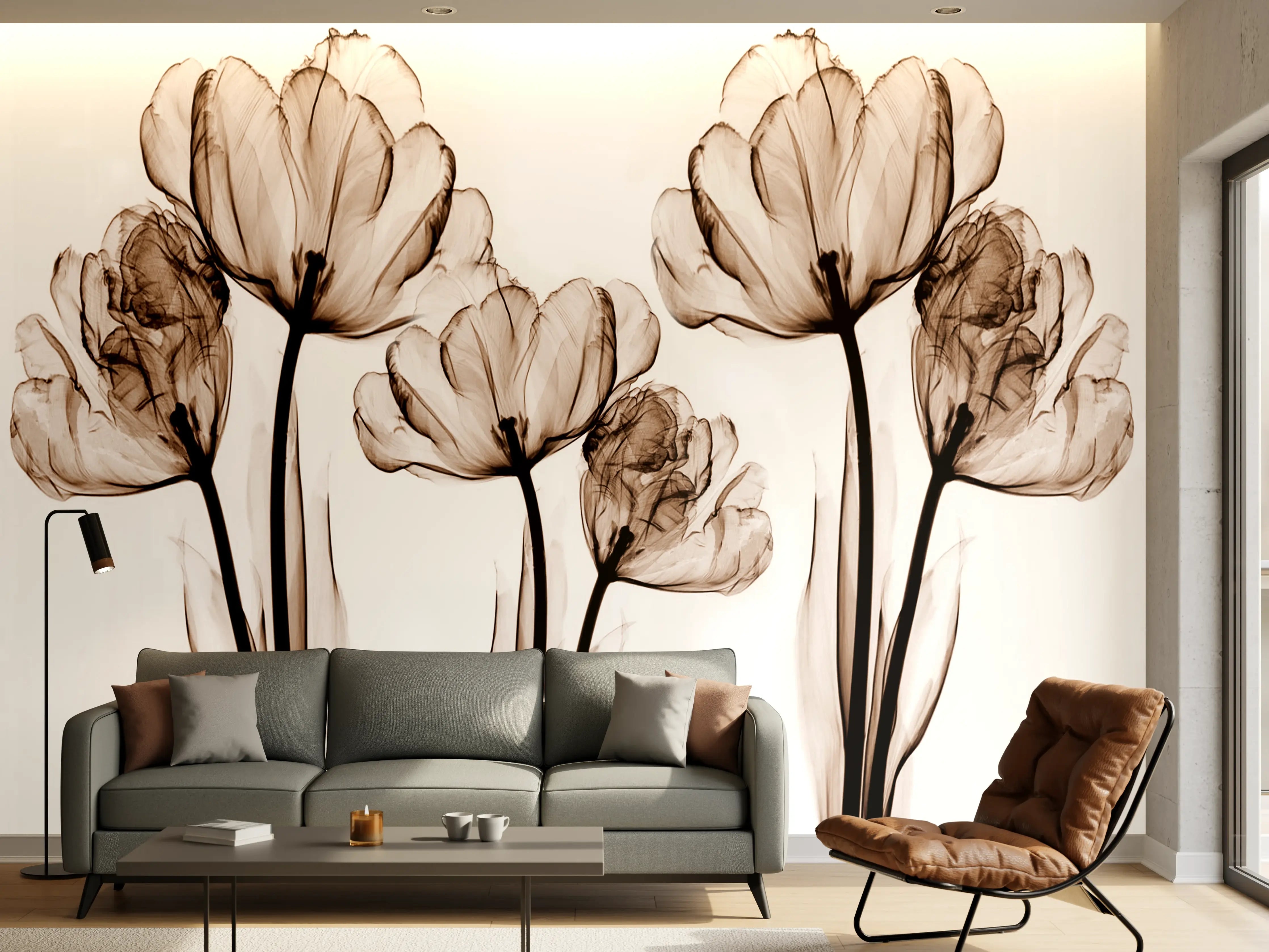 Wandverkleidung Wohnzimmer - Elegante Blumendekoration in Sepia-Tönen