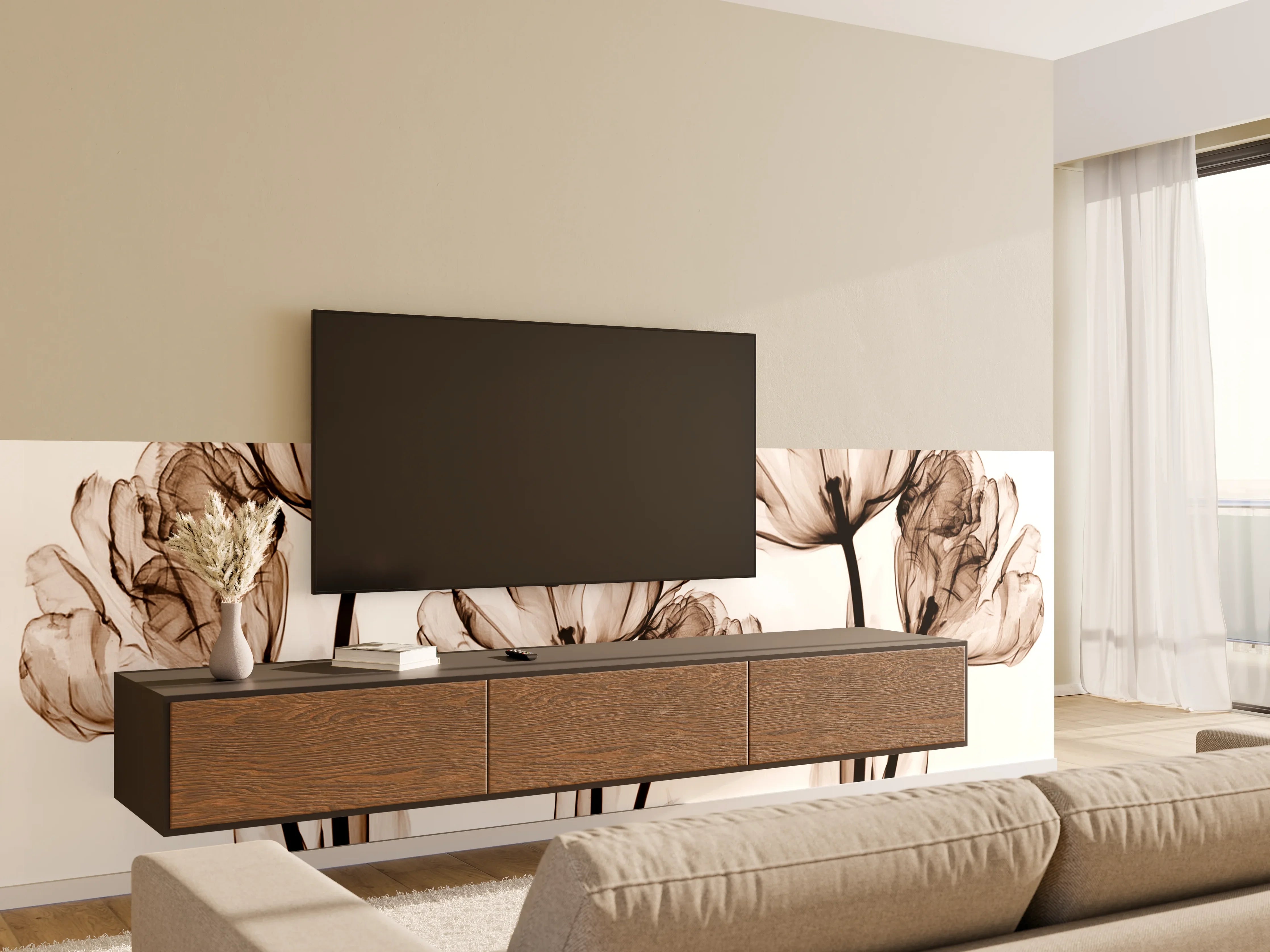 Wandverkleidung Wohnzimmer - Elegante Blumendekoration in Sepia-Tönen