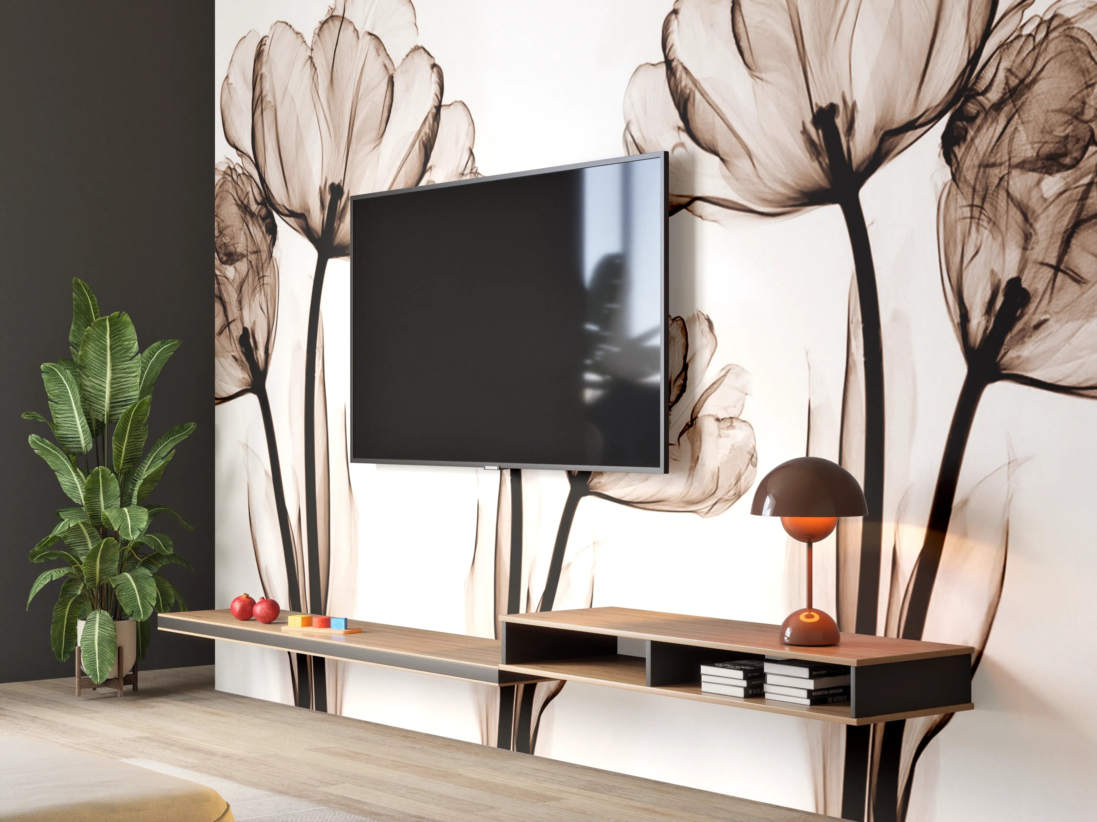 Wandverkleidung Wohnzimmer - Elegante Blumendekoration in Sepia-Tönen