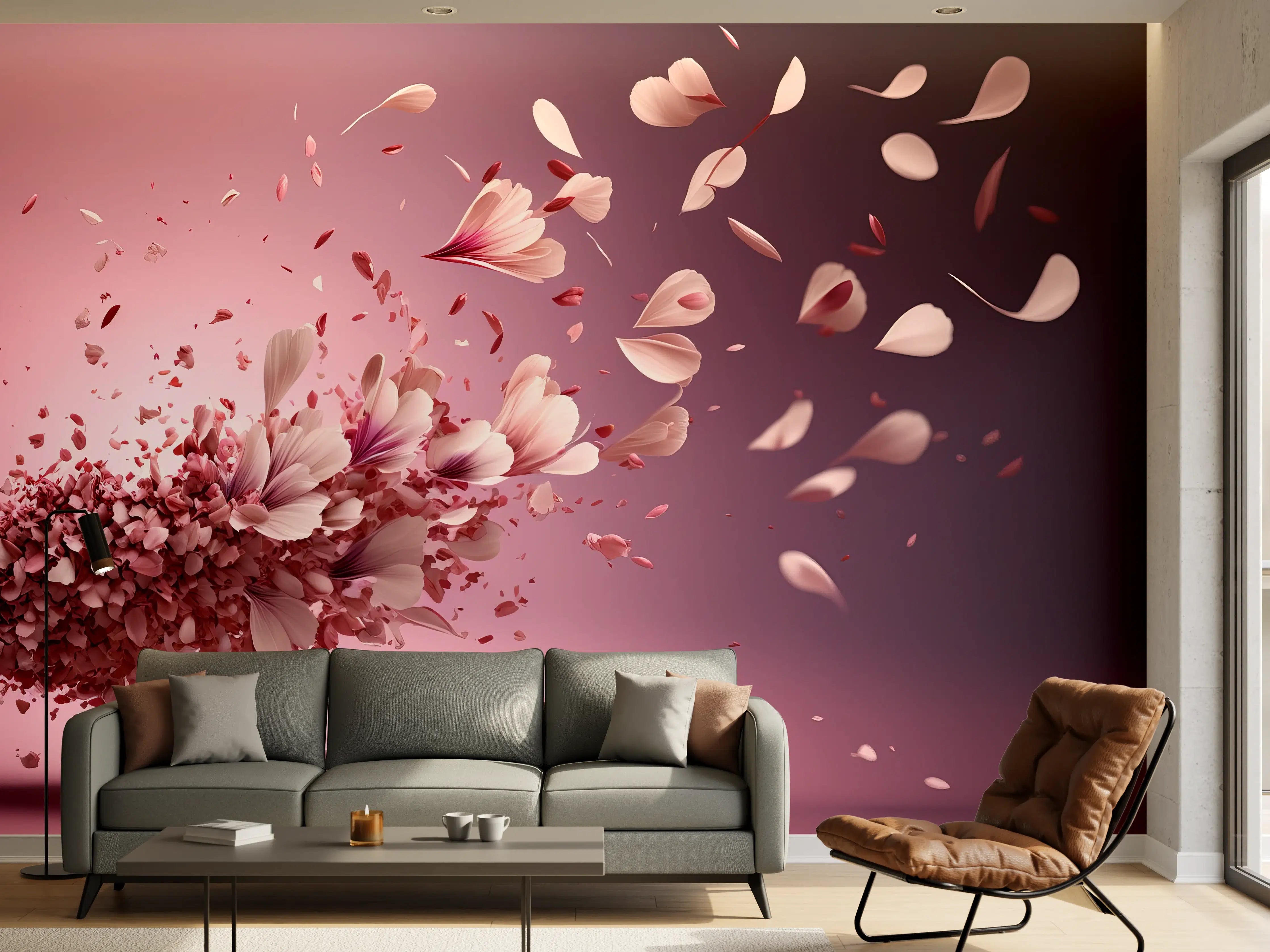 Wandverkleidung Wohnzimmer - Elegante Blumenexplosion auf rosa Hintergrund