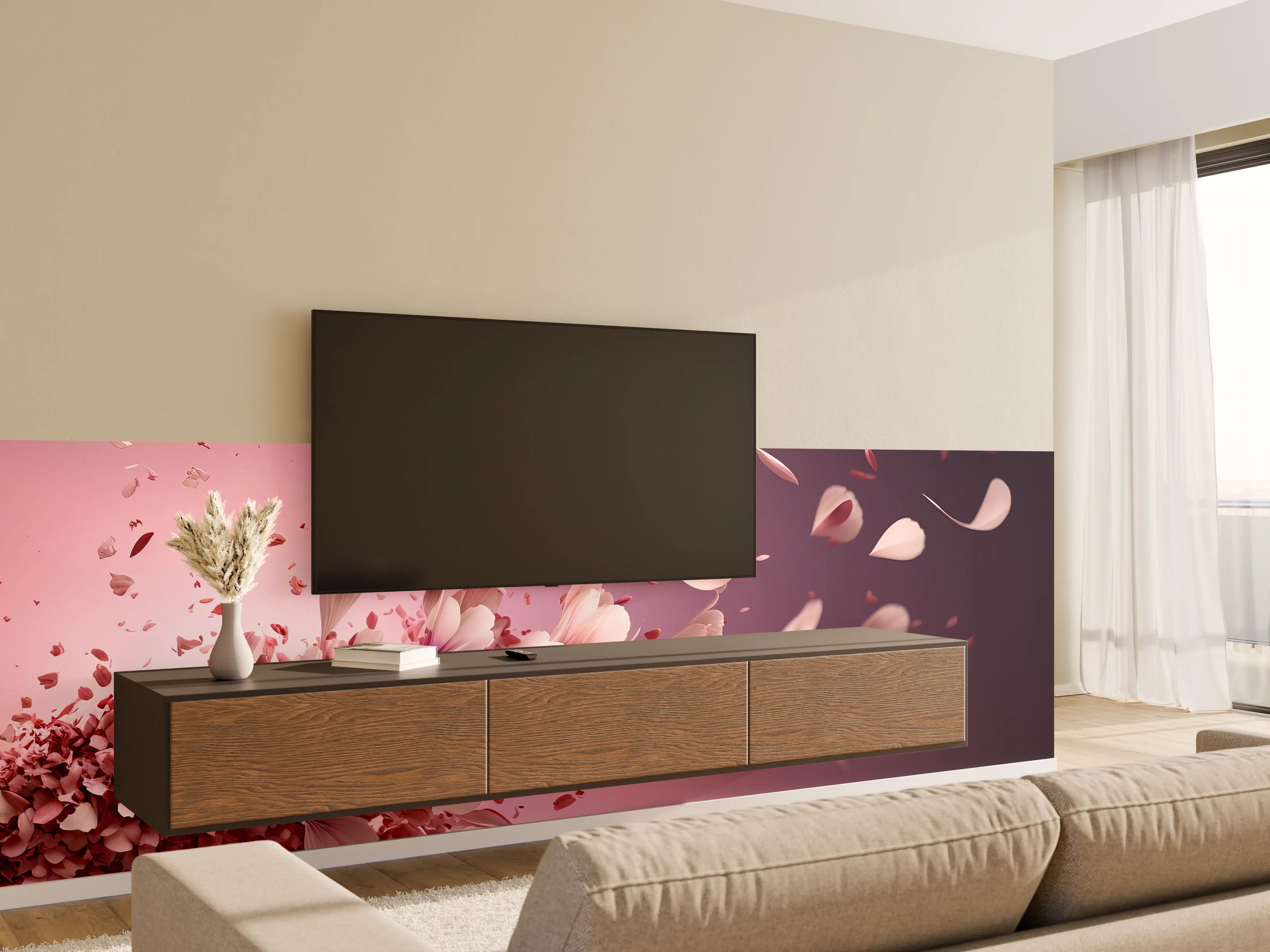 Wandverkleidung Wohnzimmer - Elegante Blumenexplosion auf rosa Hintergrund