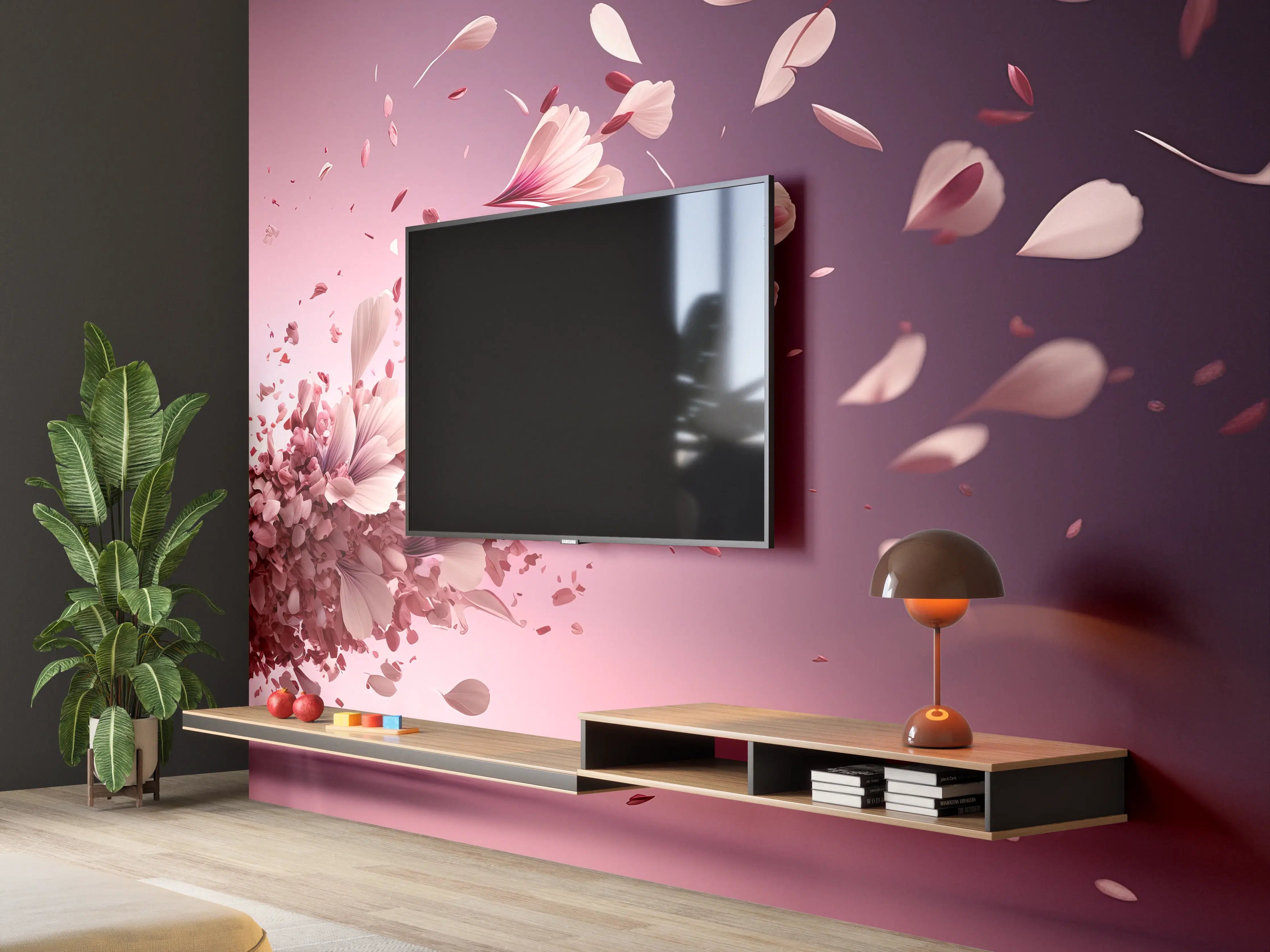 Wandverkleidung Wohnzimmer - Elegante Blumenexplosion auf rosa Hintergrund
