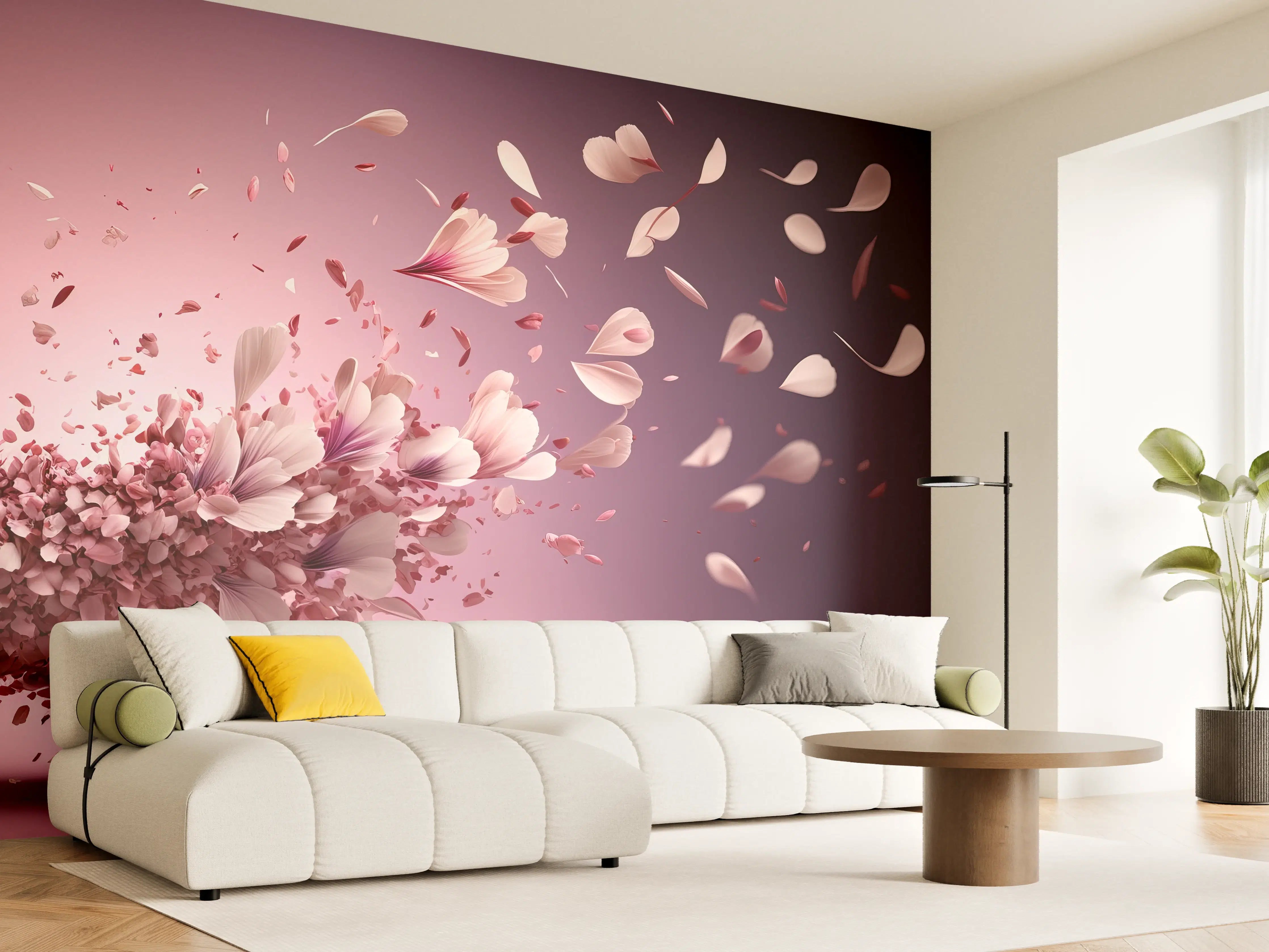 Wandverkleidung Wohnzimmer - Elegante Blumenexplosion auf rosa Hintergrund