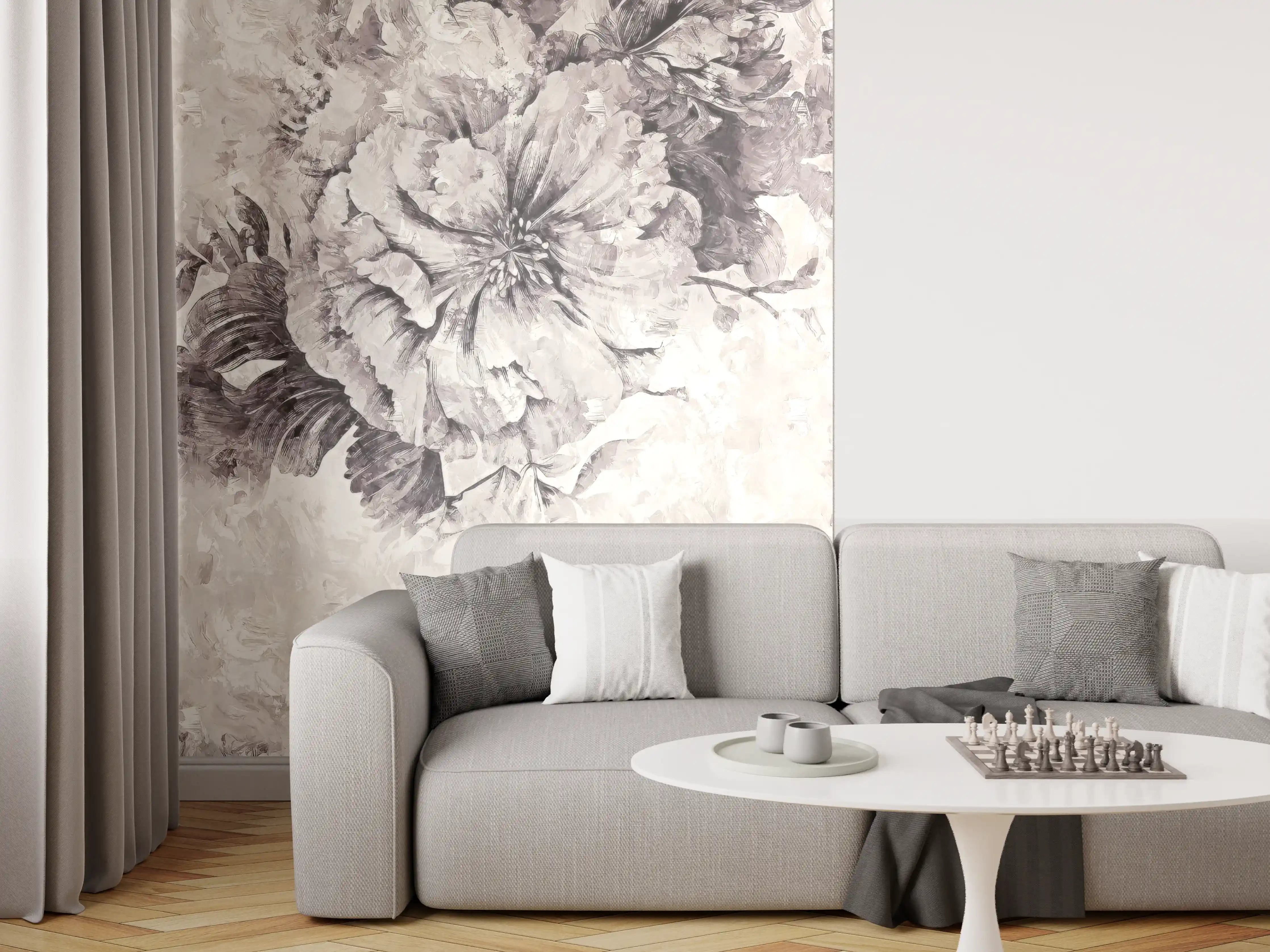 Wandverkleidung Wohnzimmer - Elegante Blumenmalerei in Grau