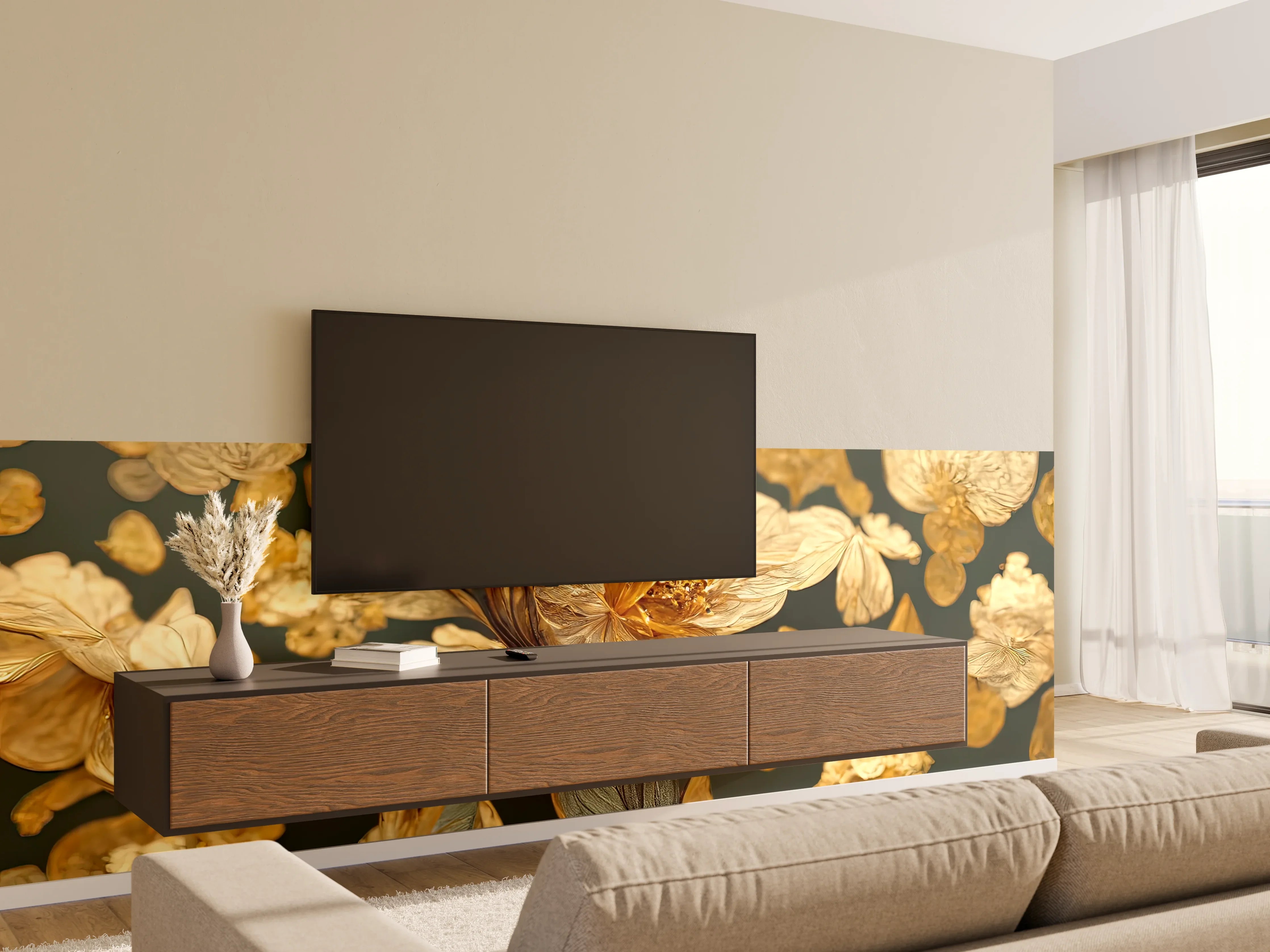 Wandverkleidung Wohnzimmer - Elegante Blumenmotive mit Goldakzenten