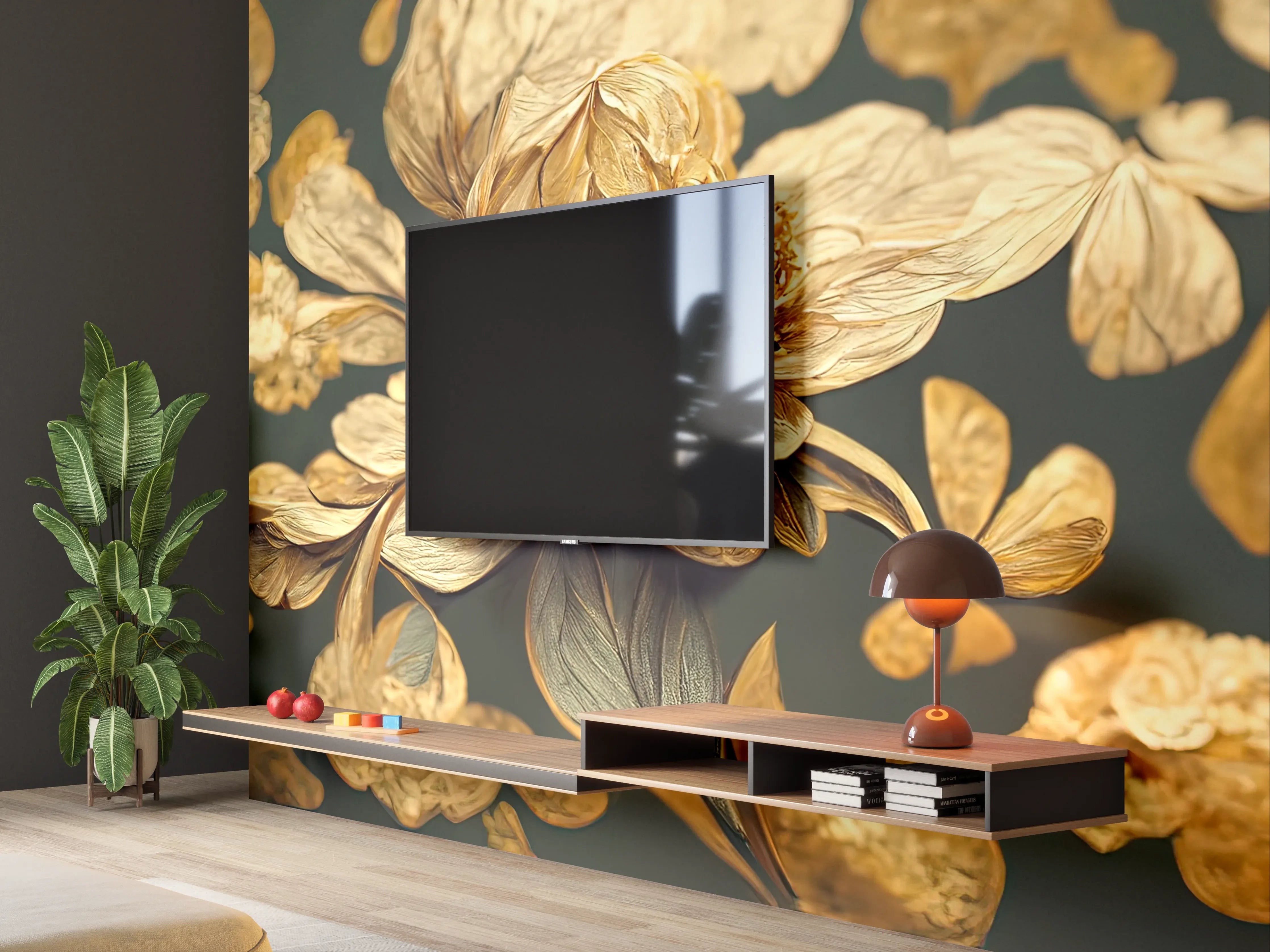 Wandverkleidung Wohnzimmer - Elegante Blumenmotive mit Goldakzenten