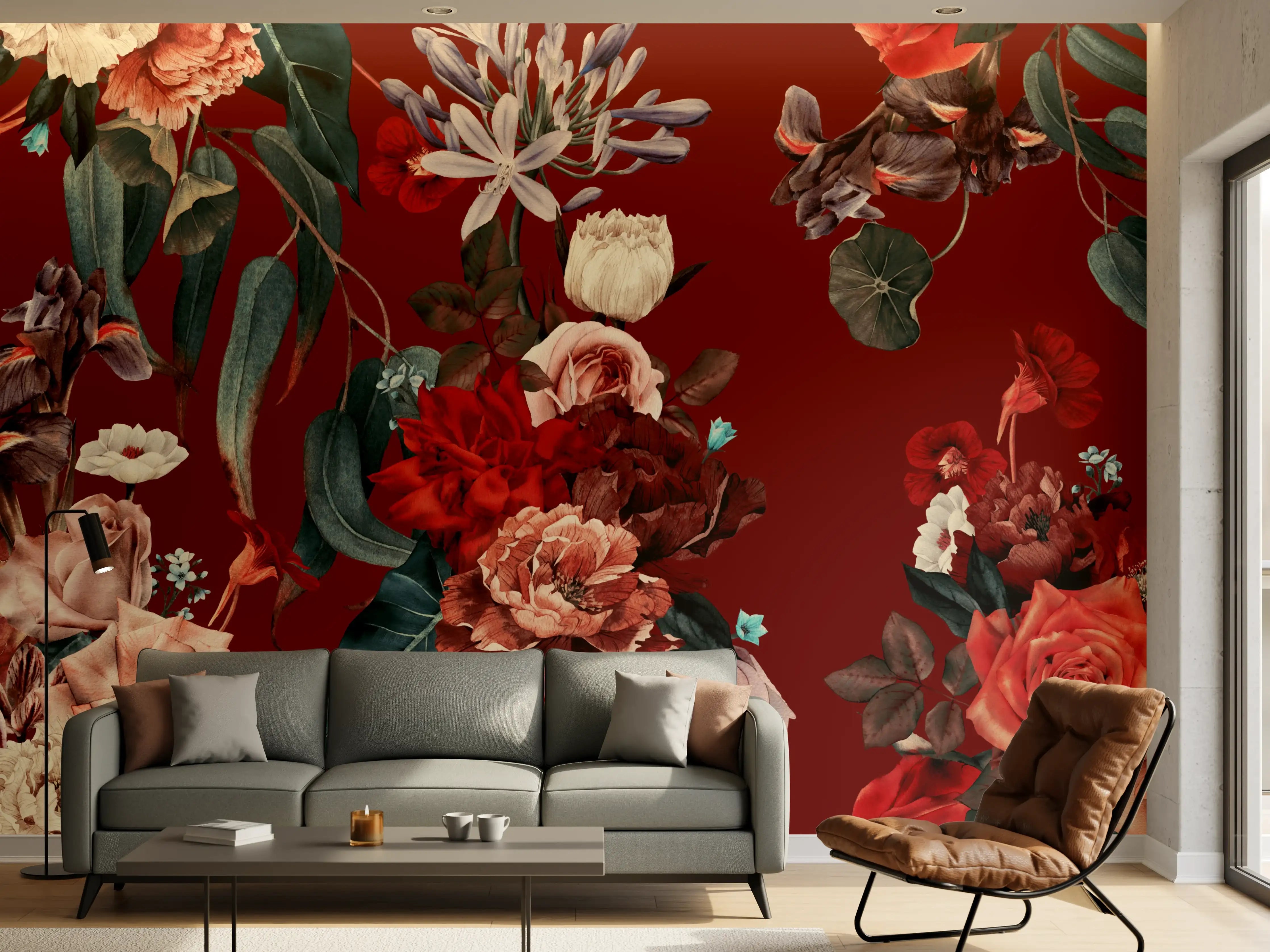 Wandverkleidung Wohnzimmer - Elegante Blumenmuster auf dunklem Hintergrund