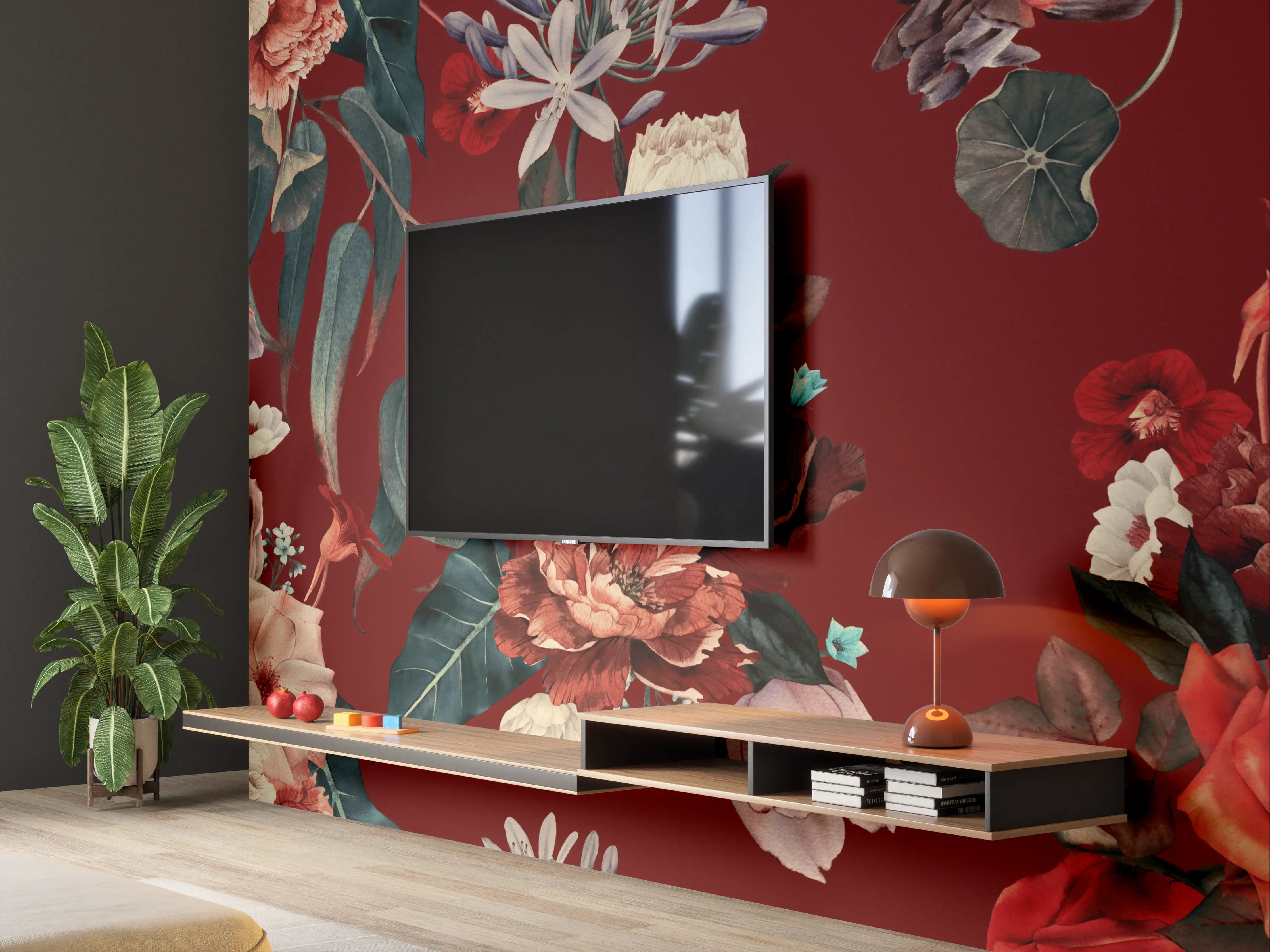 Wandverkleidung Wohnzimmer - Elegante Blumenmuster auf dunklem Hintergrund