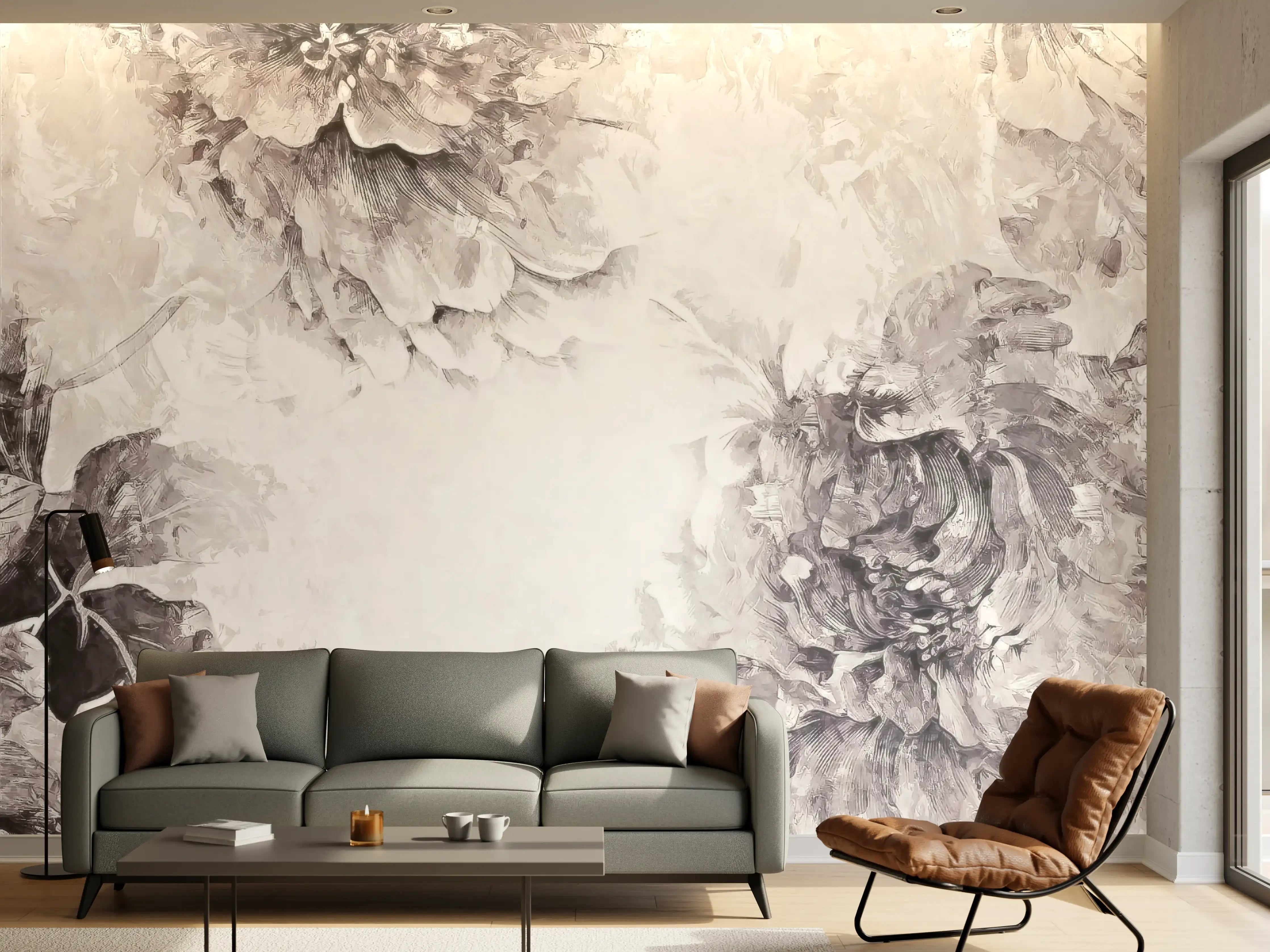 Wandverkleidung Wohnzimmer - Elegante Blumenmuster in Grau-Weiß