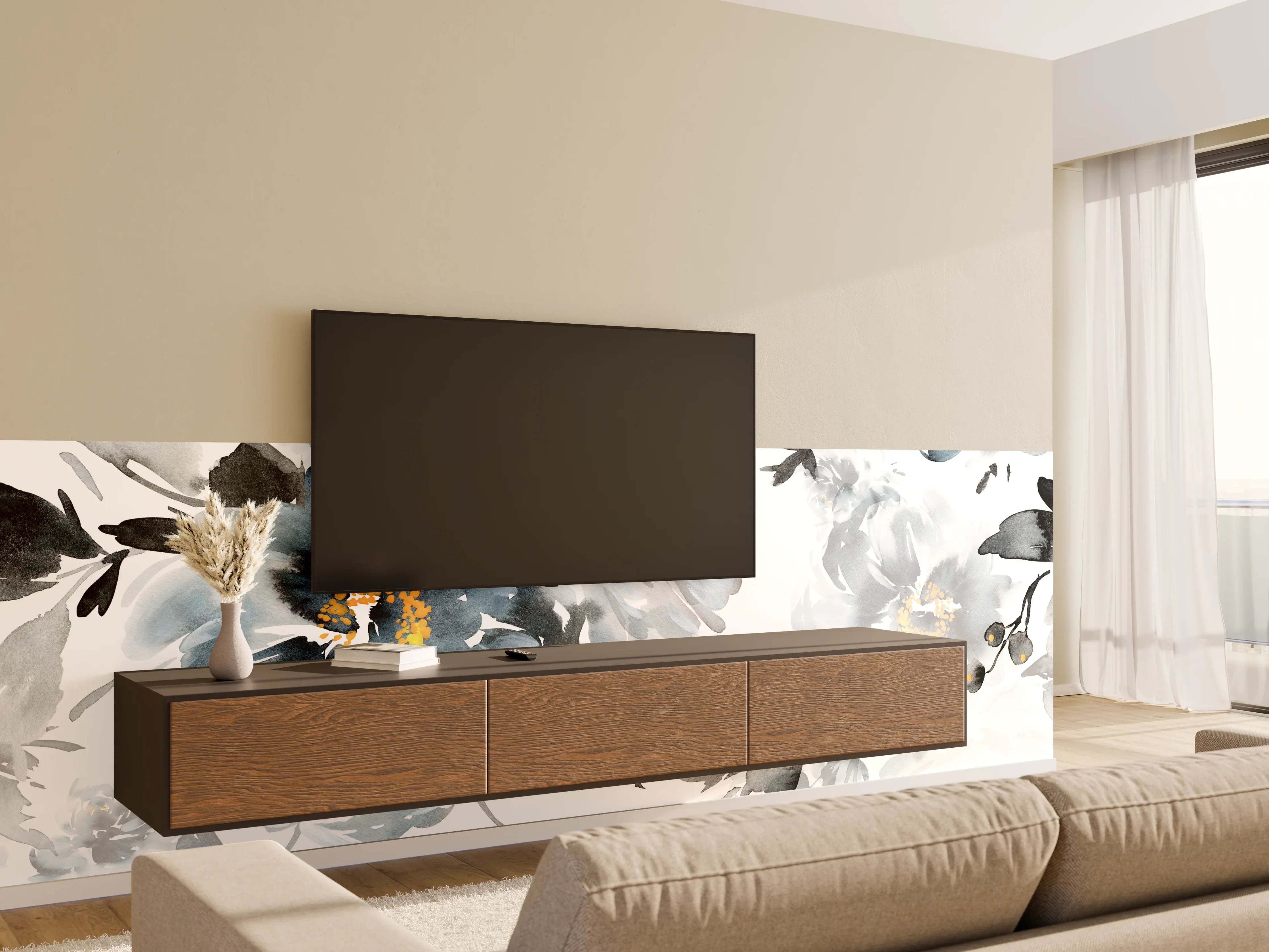 Wandverkleidung Wohnzimmer - Elegante Blumenmuster in Grau und Weiß