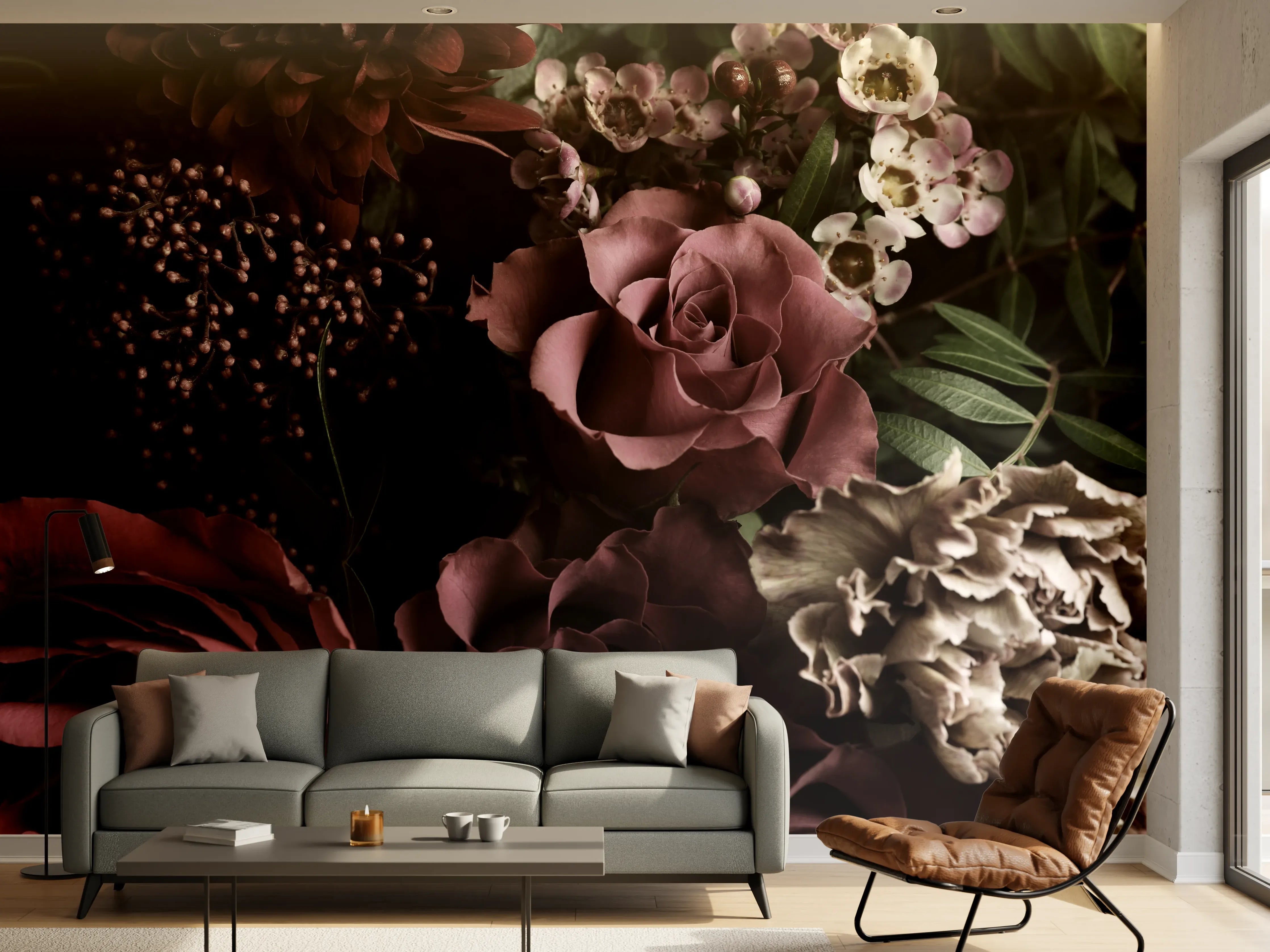 Wandverkleidung Wohnzimmer - Elegante Blumenvielfalt in dunkler Atmosphäre