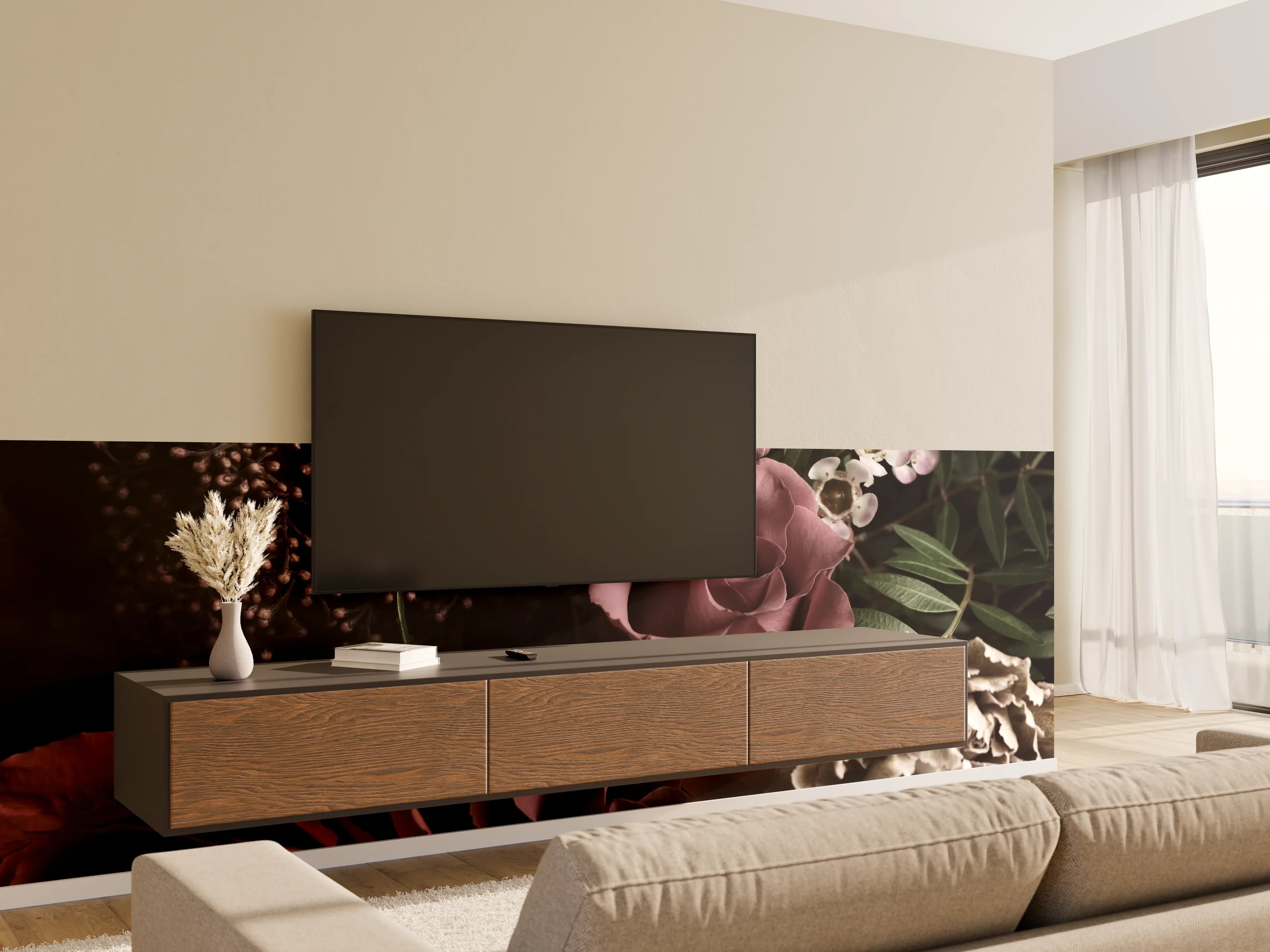Wandverkleidung Wohnzimmer - Elegante Blumenvielfalt in dunkler Atmosphäre