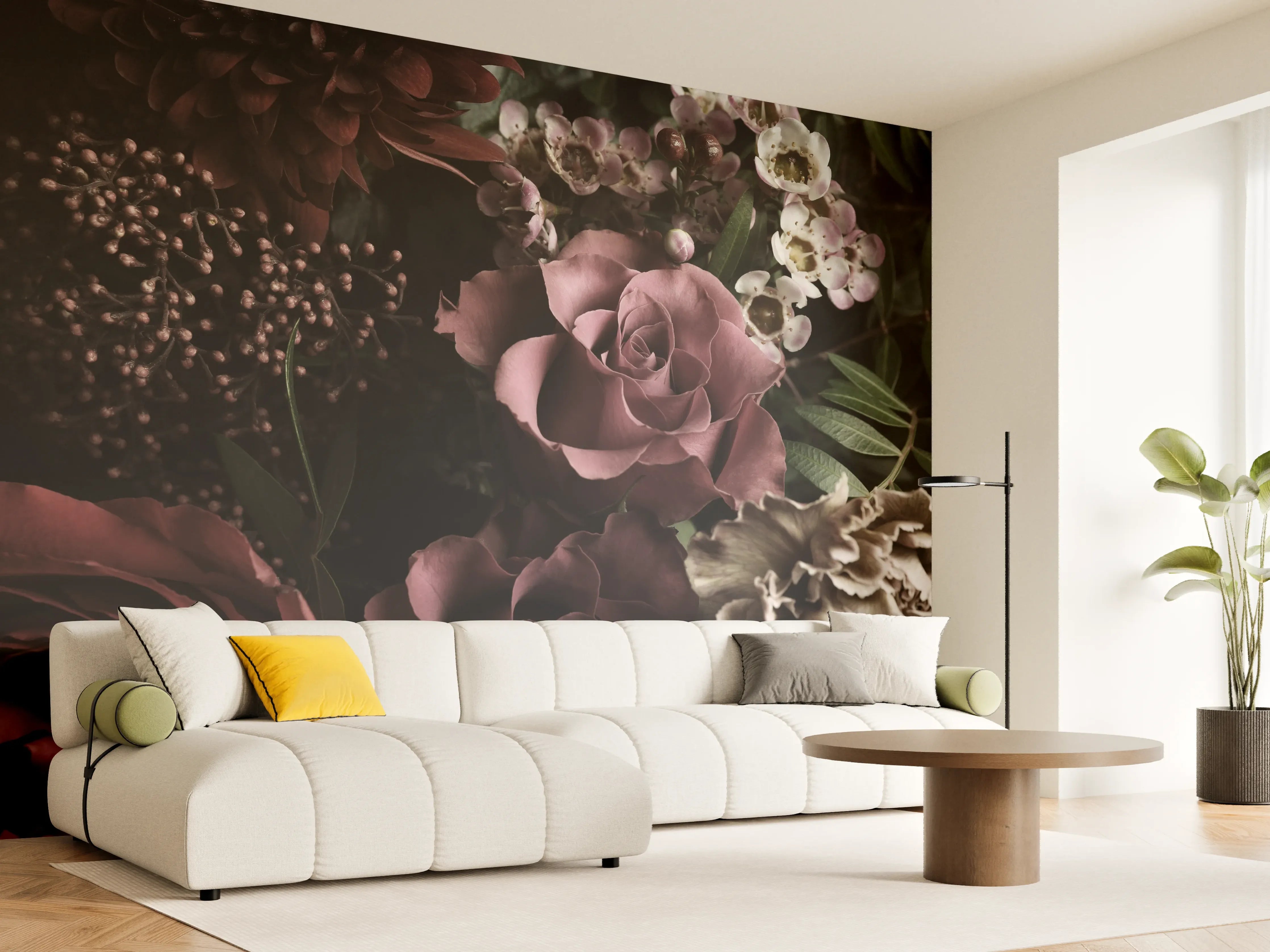 Wandverkleidung Wohnzimmer - Elegante Blumenvielfalt in dunkler Atmosphäre