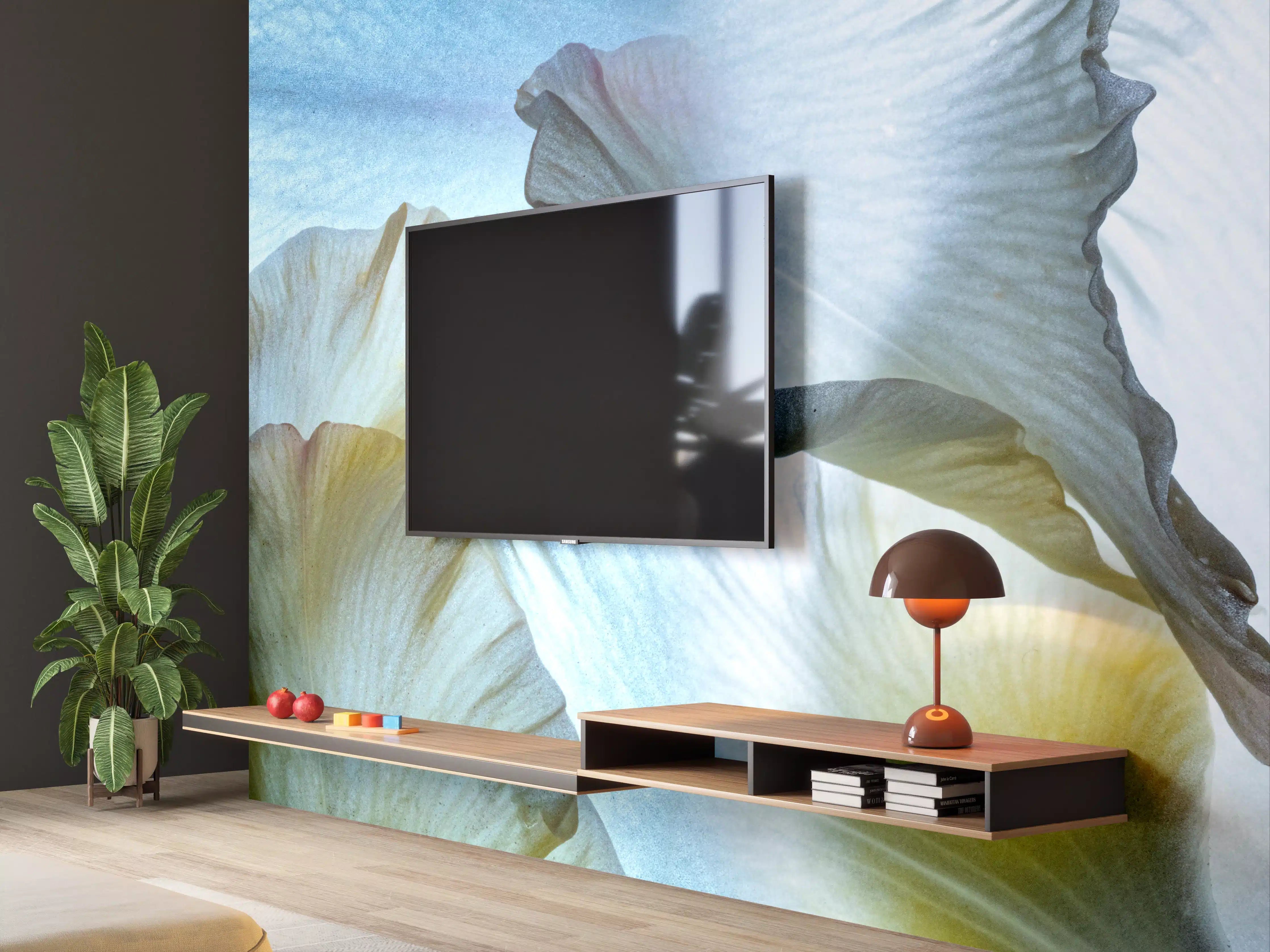 Wandverkleidung Wohnzimmer - Elegante Blumenwelten in sanften Tönen