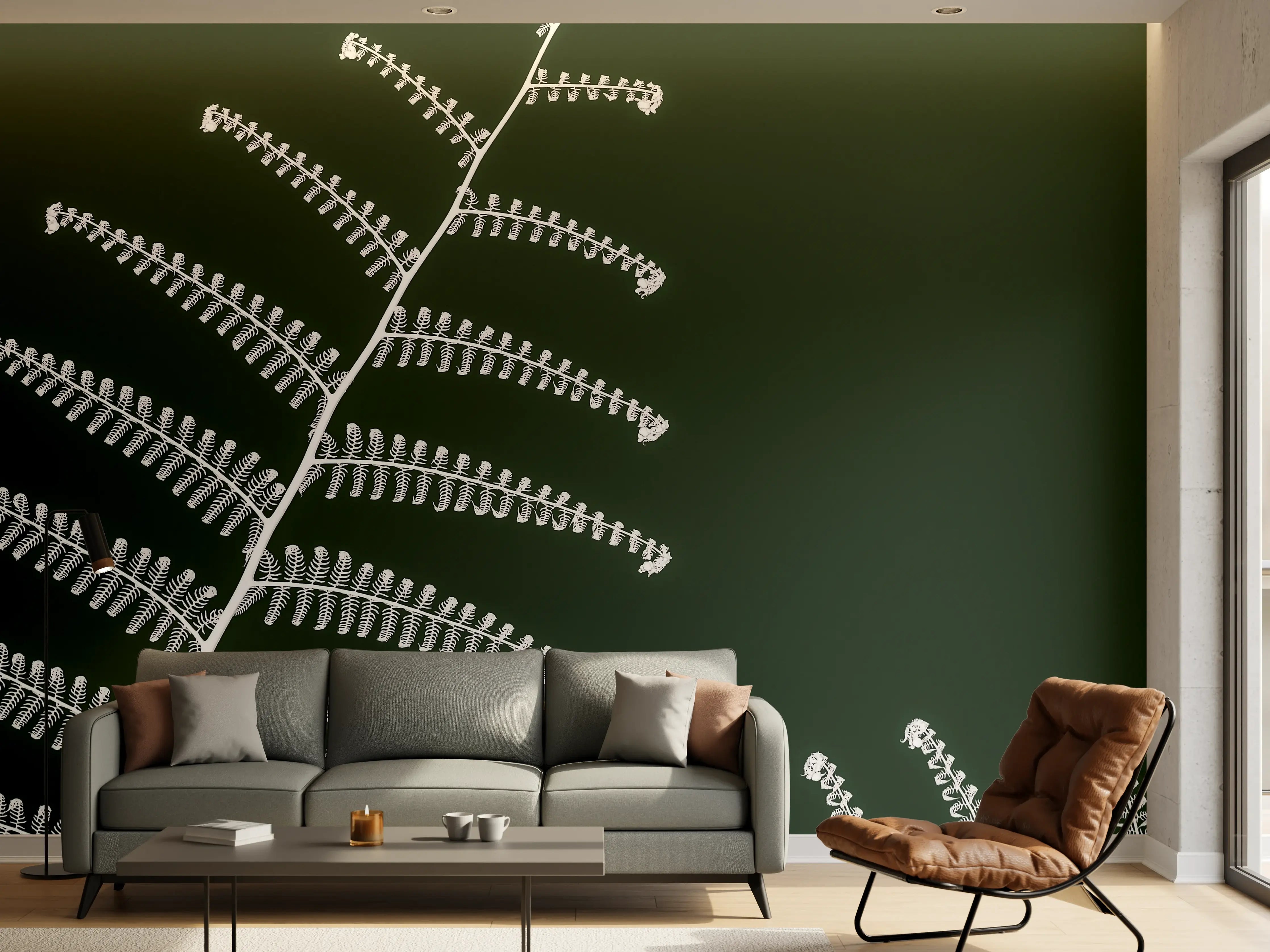 Wandverkleidung Wohnzimmer - Elegante Farnblätter vor grünem Hintergrund