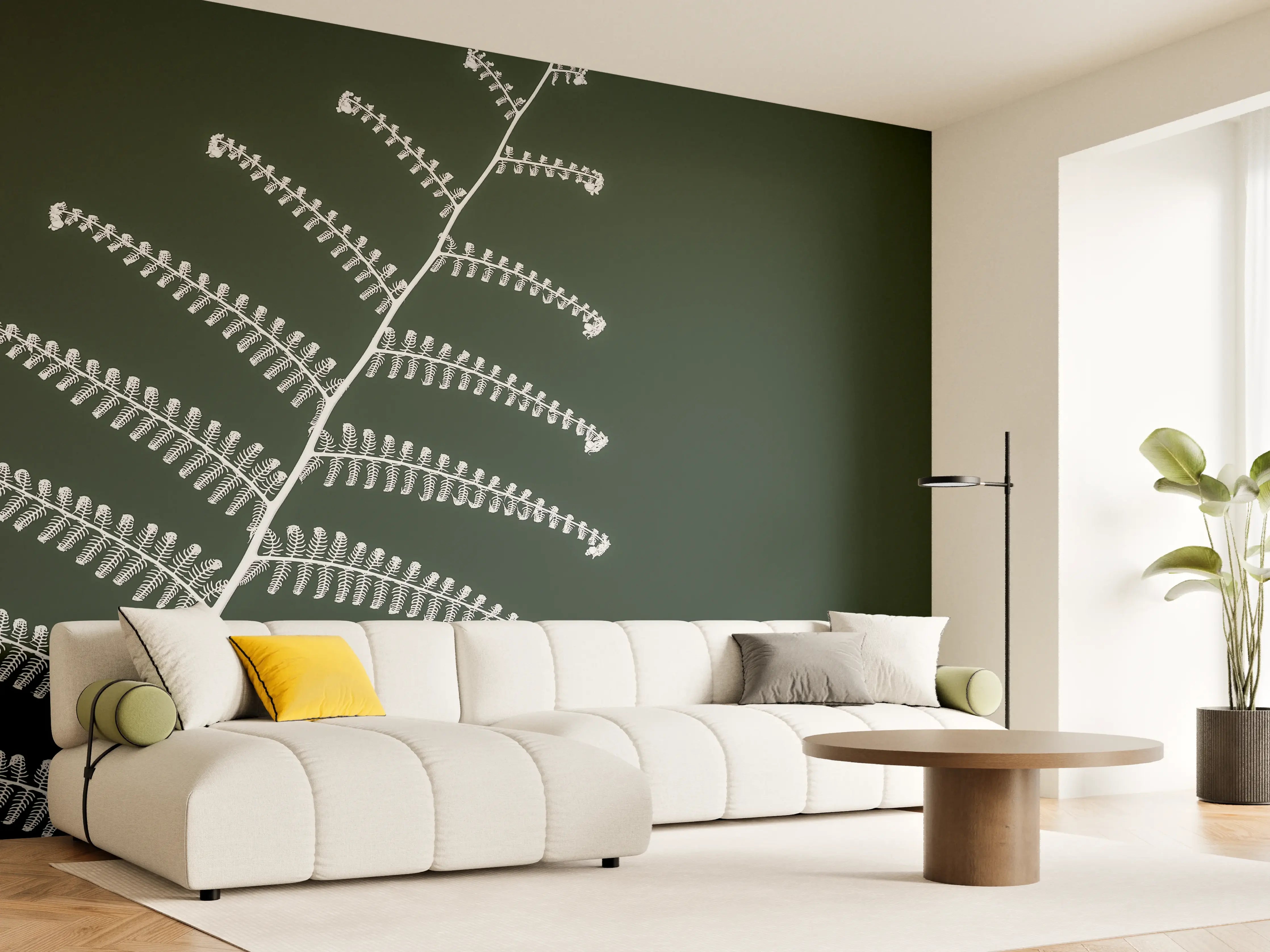 Wandverkleidung Wohnzimmer - Elegante Farnblätter vor grünem Hintergrund