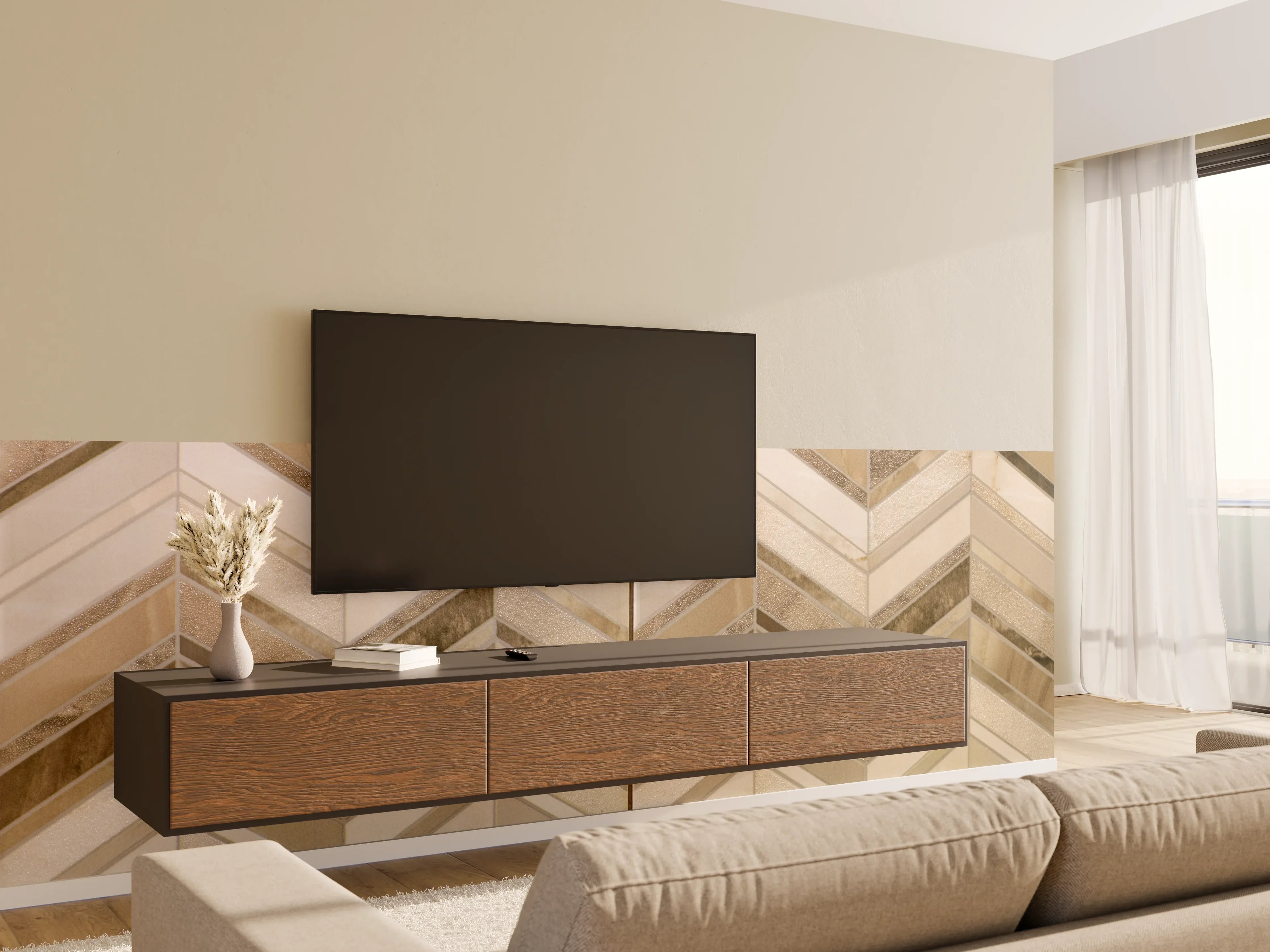 Wandverkleidung Wohnzimmer - Elegante Fliesen im naturbelassenen Look