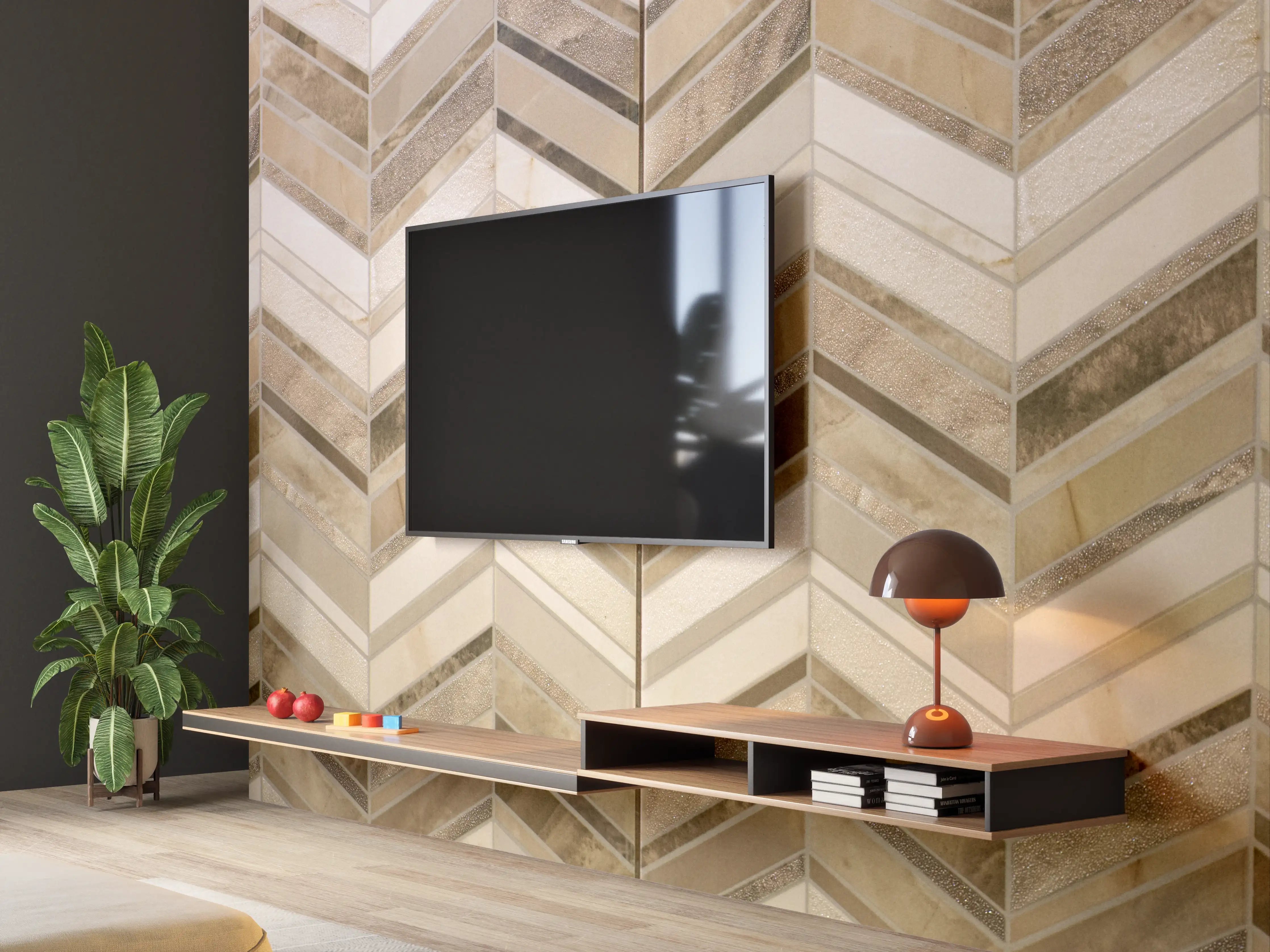 Wandverkleidung Wohnzimmer - Elegante Fliesen im naturbelassenen Look