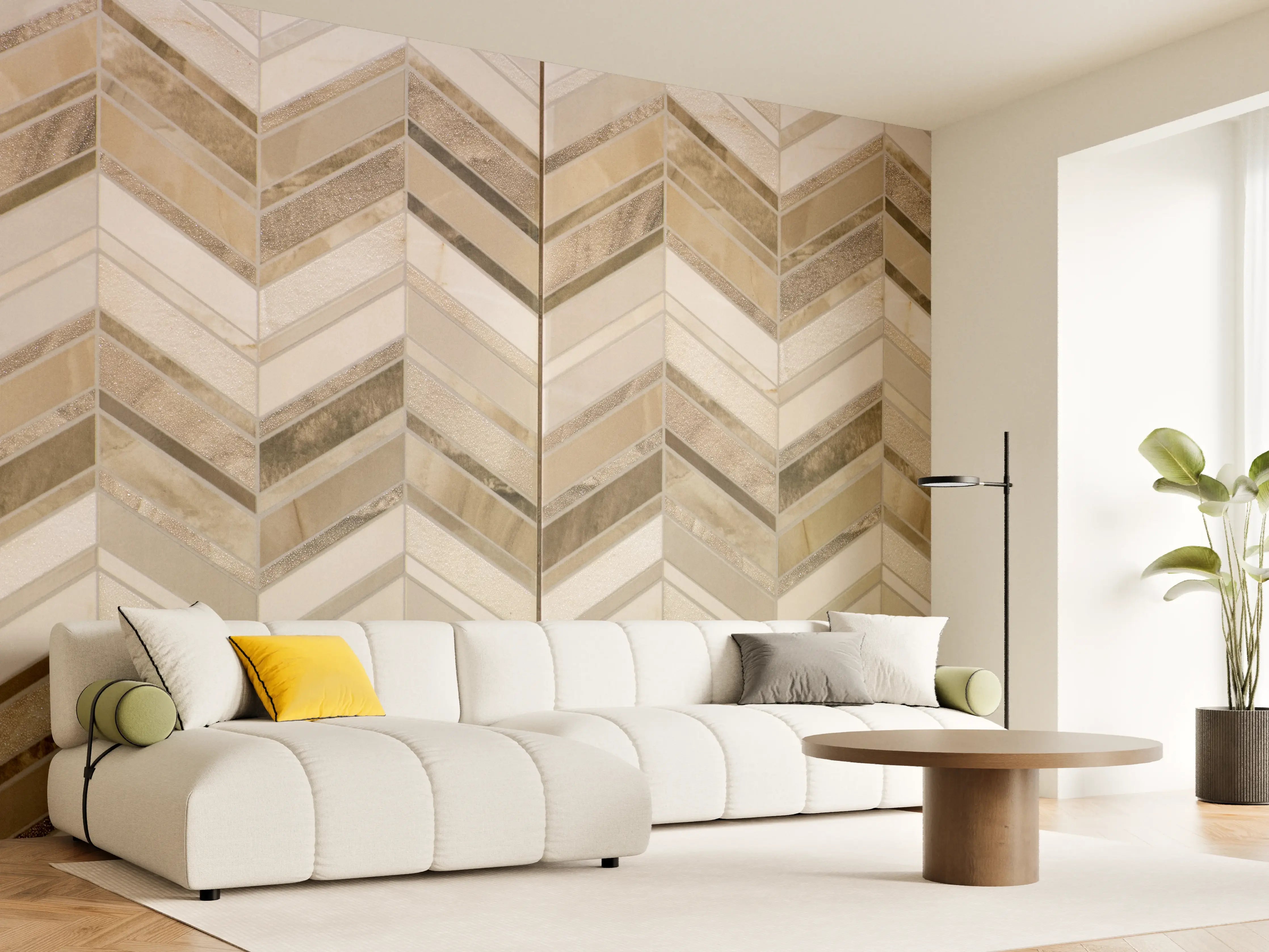 Wandverkleidung Wohnzimmer - Elegante Fliesen im naturbelassenen Look