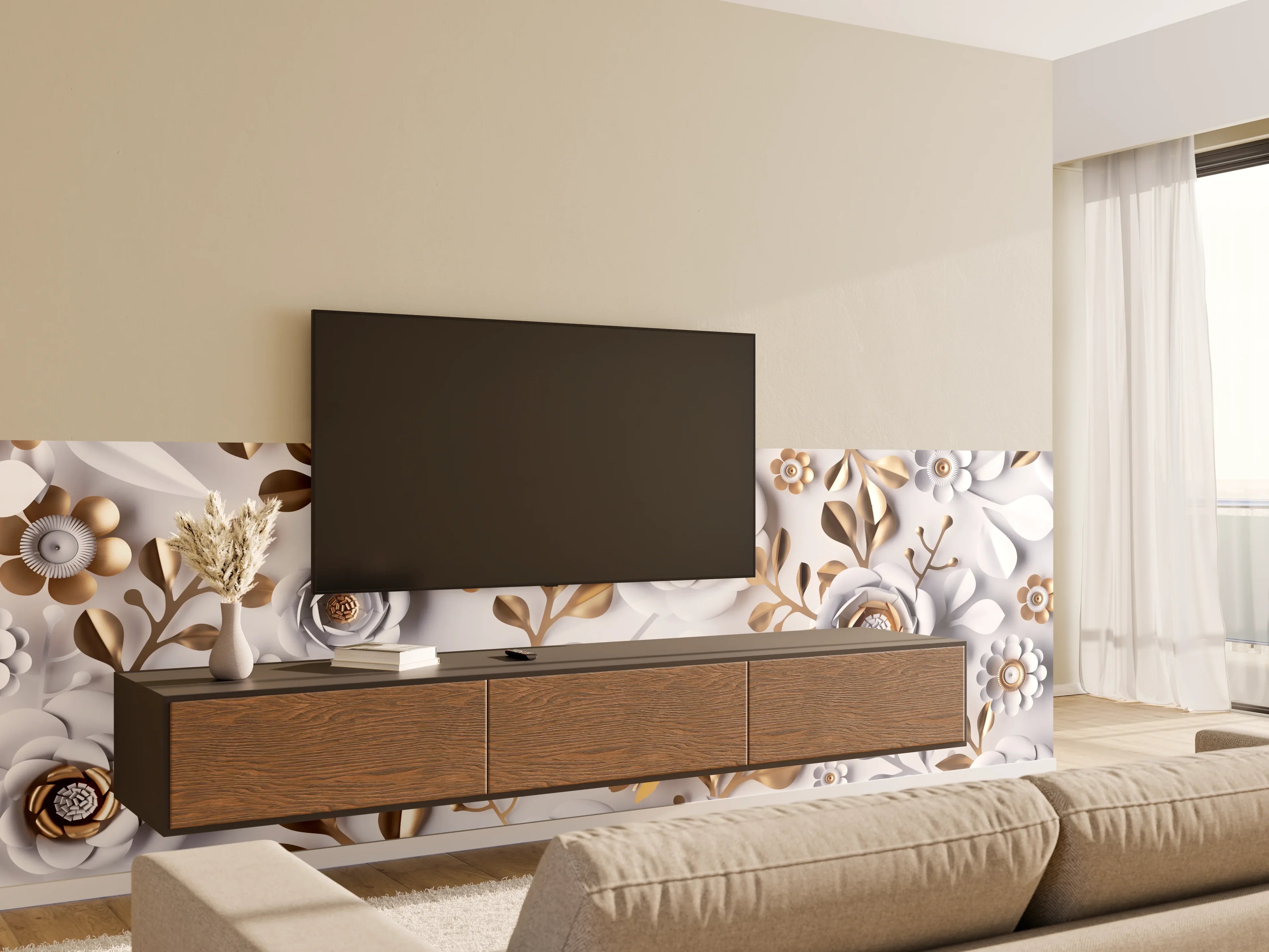 Wandverkleidung Wohnzimmer - Elegante Florale Muster in Gold und Weiß
