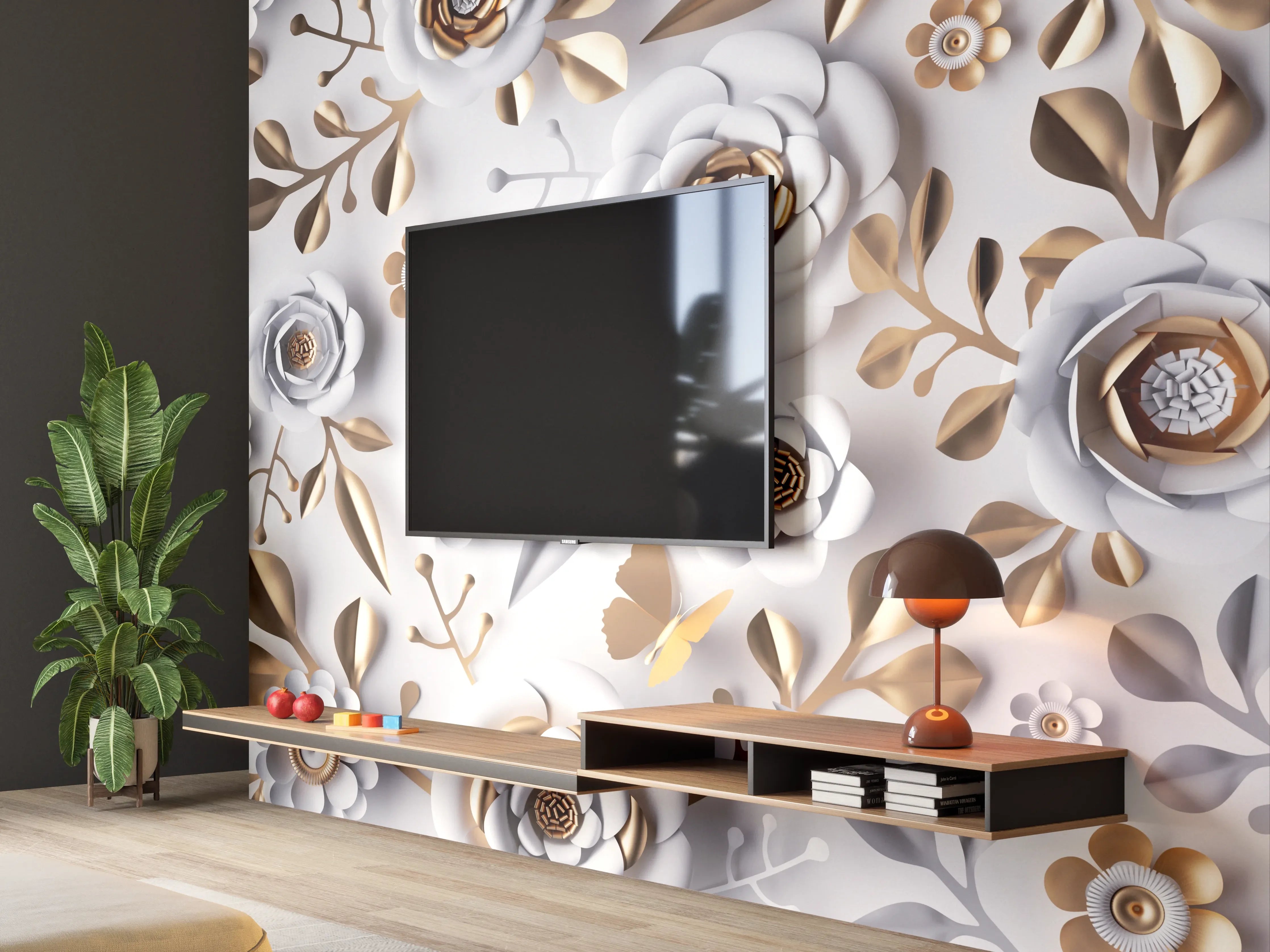 Wandverkleidung Wohnzimmer - Elegante Florale Muster in Gold und Weiß