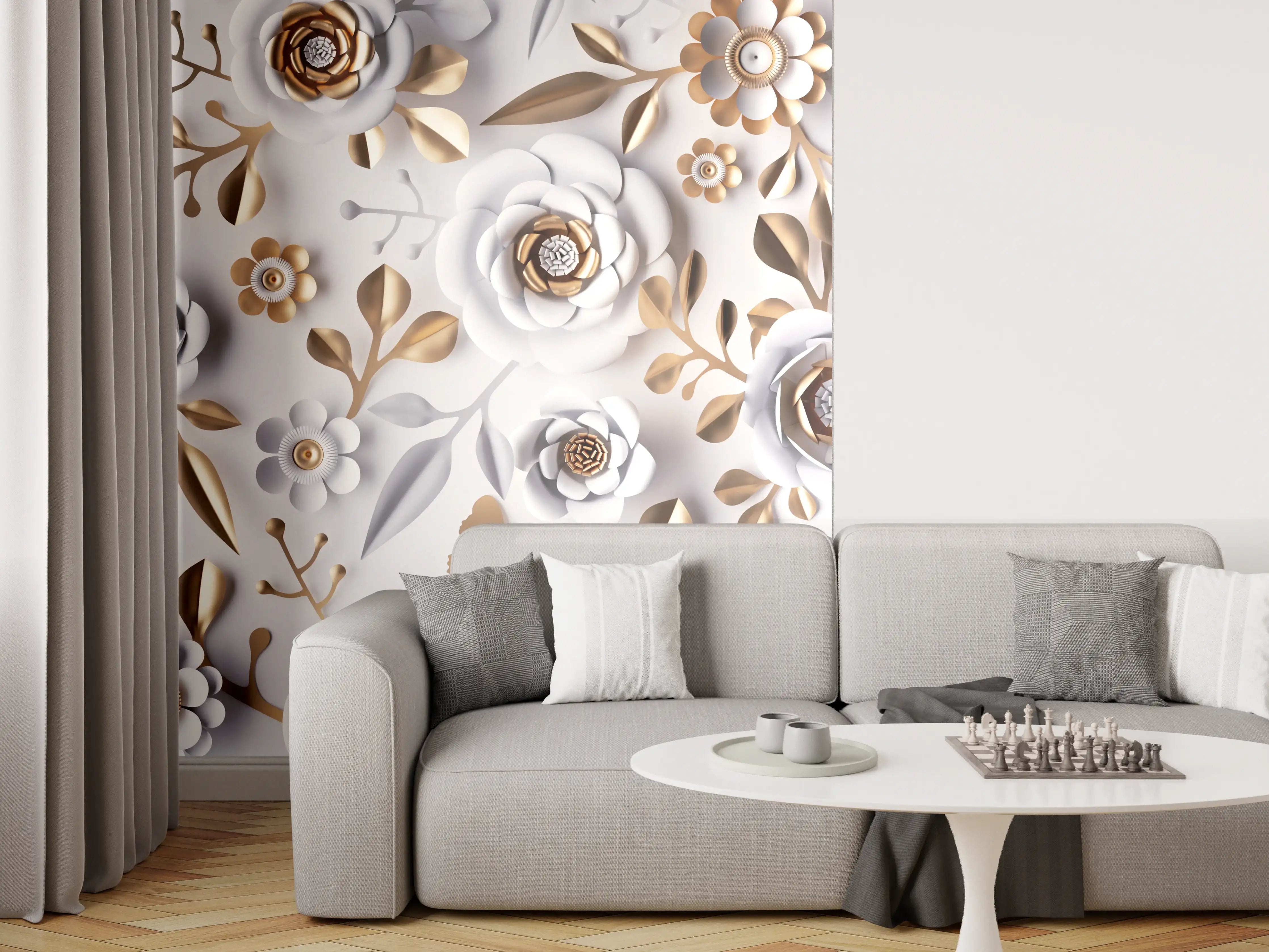Wandverkleidung Wohnzimmer - Elegante Florale Muster in Gold und Weiß