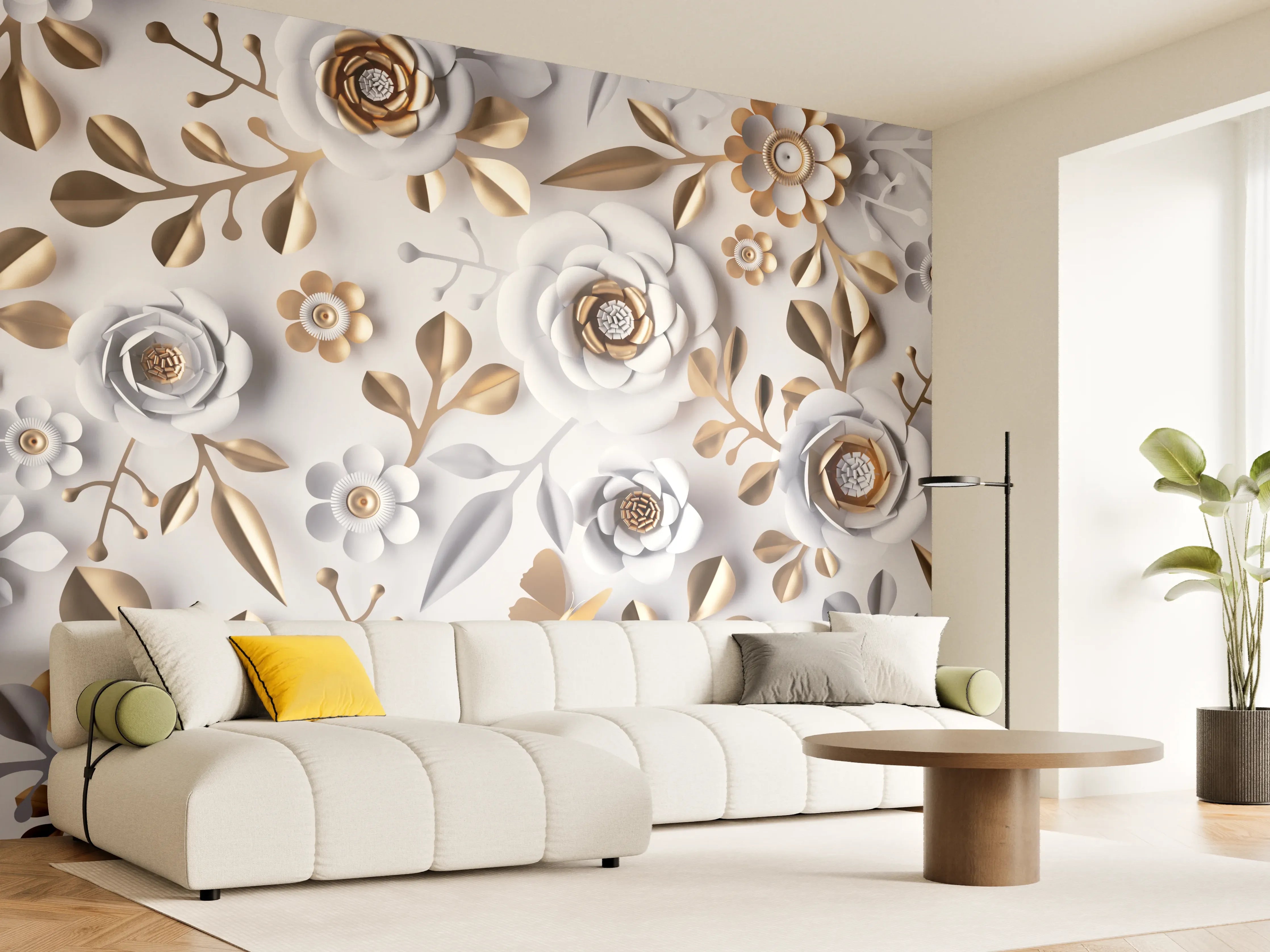 Wandverkleidung Wohnzimmer - Elegante Florale Muster in Gold und Weiß