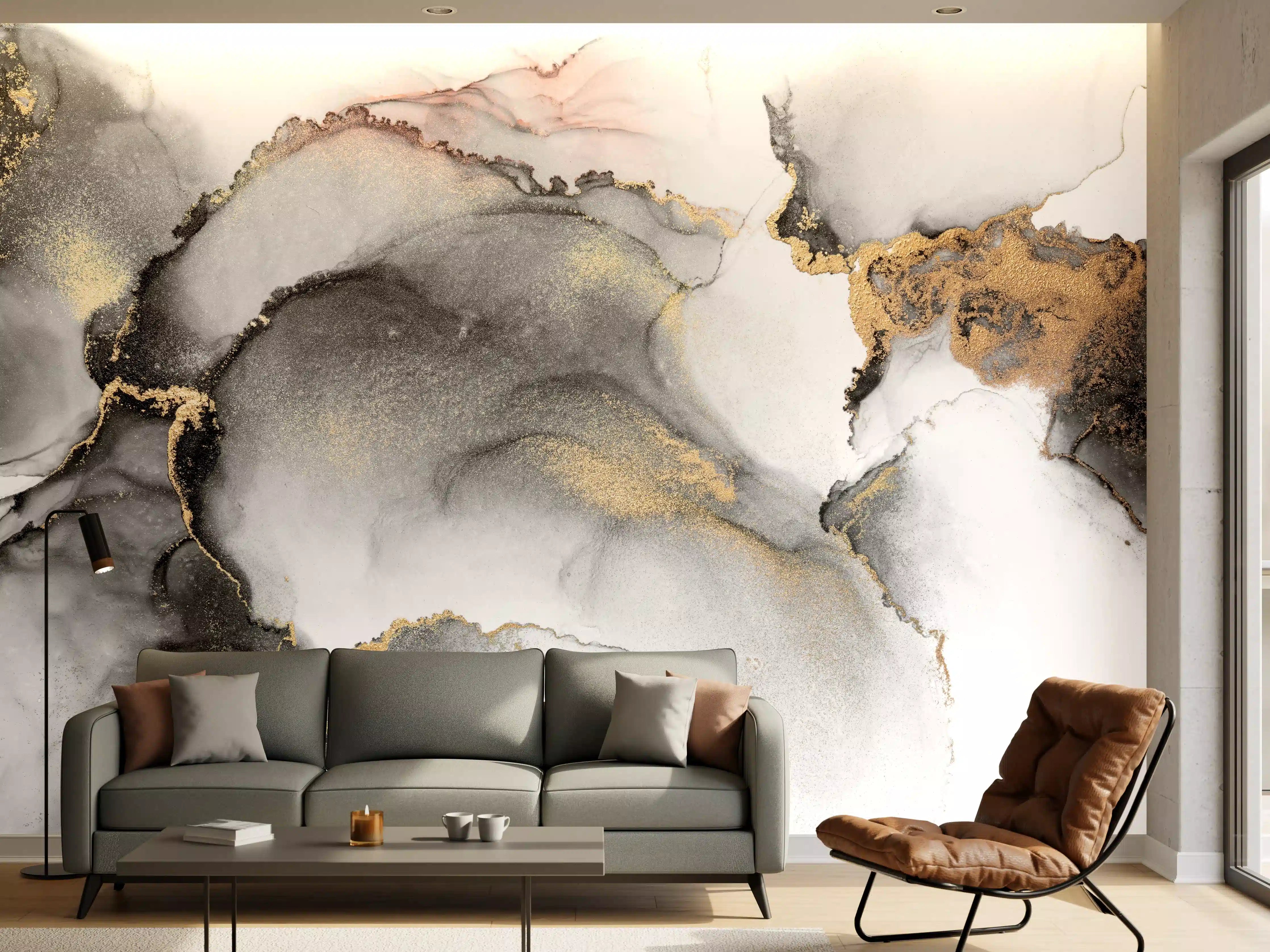 Wandverkleidung Wohnzimmer - Elegante Gold- und Grautöne im Wasserfarben-Design