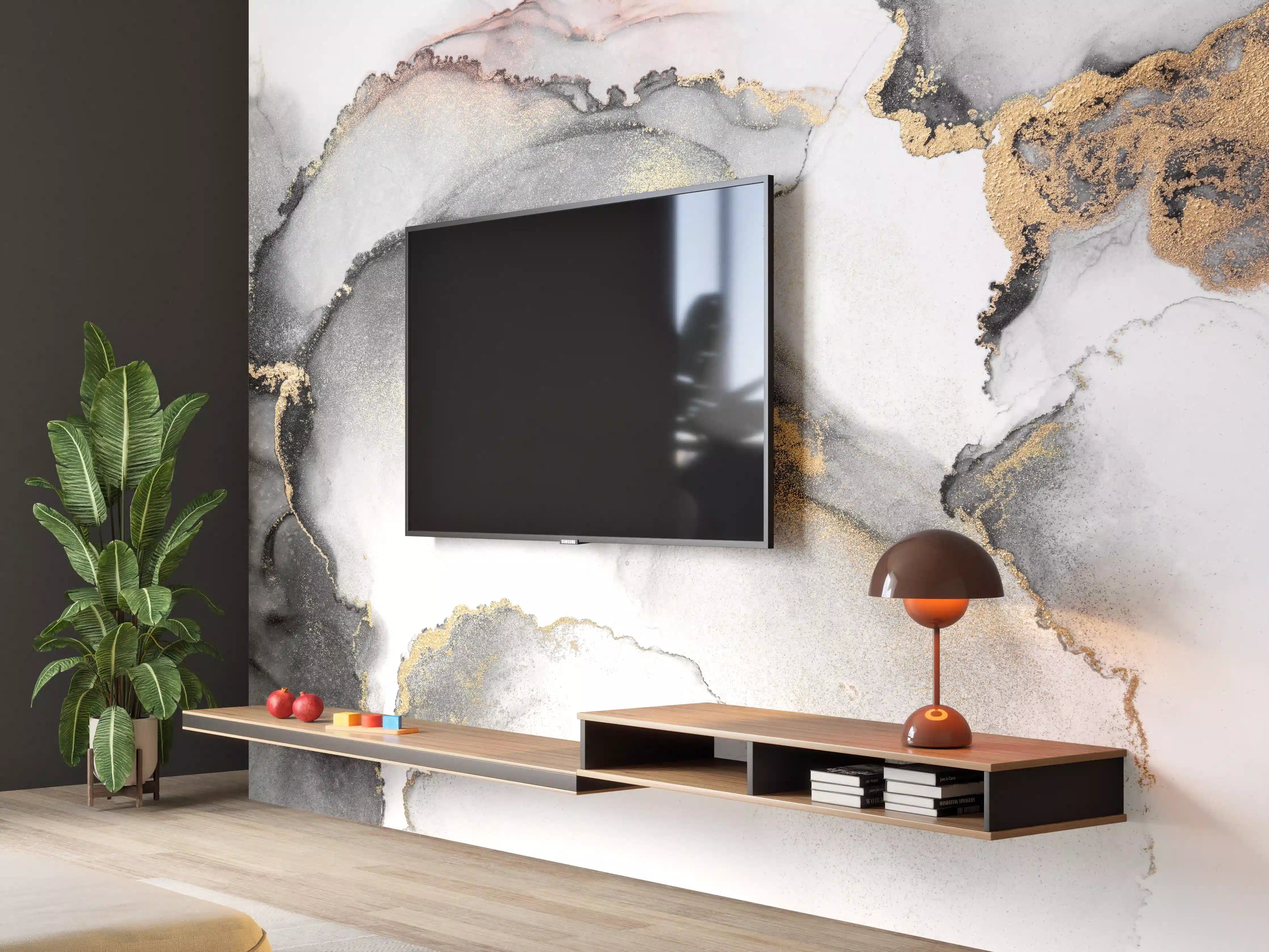 Wandverkleidung Wohnzimmer - Elegante Gold- und Grautöne im Wasserfarben-Design