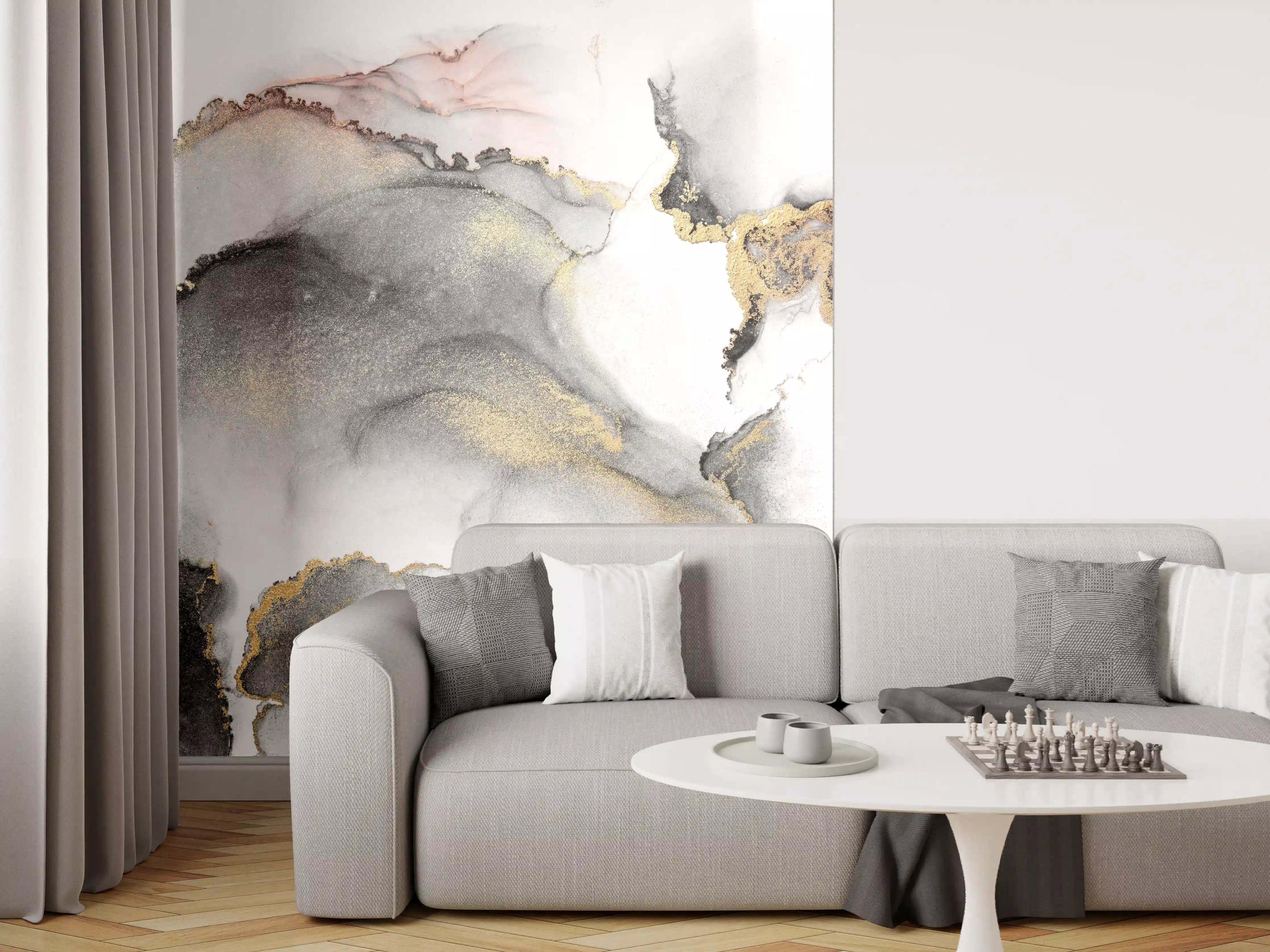 Wandverkleidung Wohnzimmer - Elegante Gold- und Grautöne im Wasserfarben-Design
