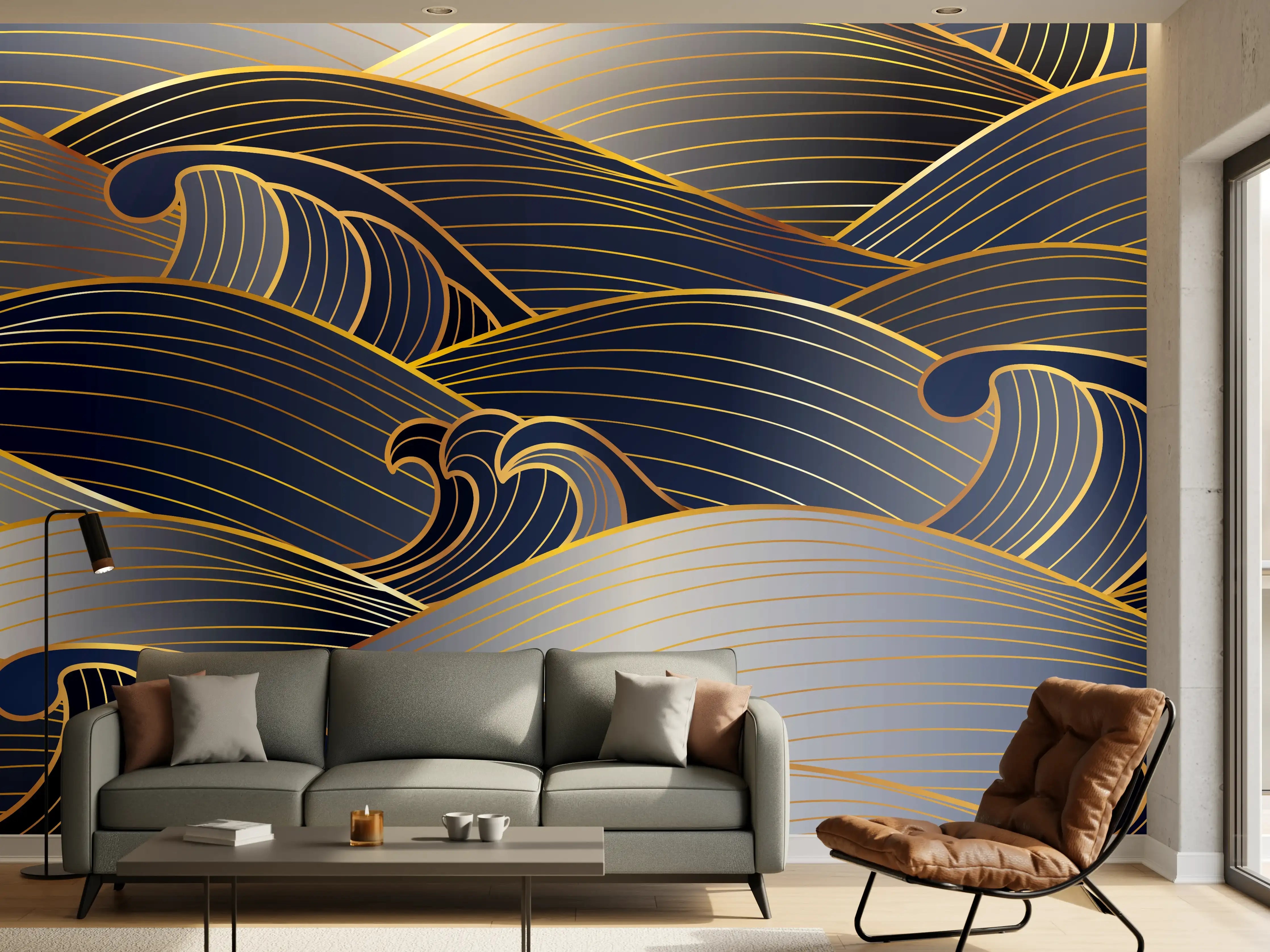 Wandverkleidung Wohnzimmer - Elegante Gold-Blau Wellentextur