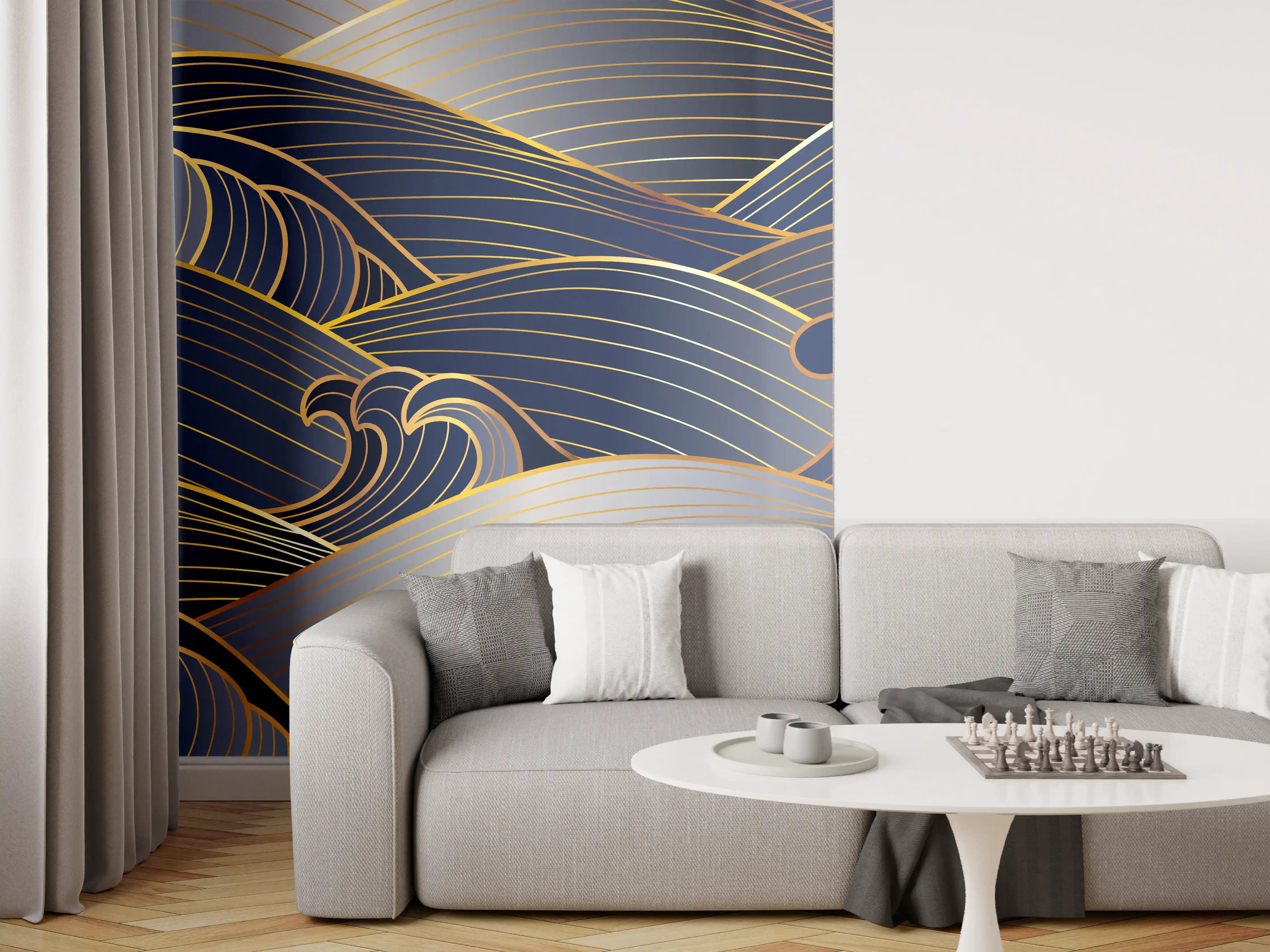Wandverkleidung Wohnzimmer - Elegante Gold-Blau Wellentextur
