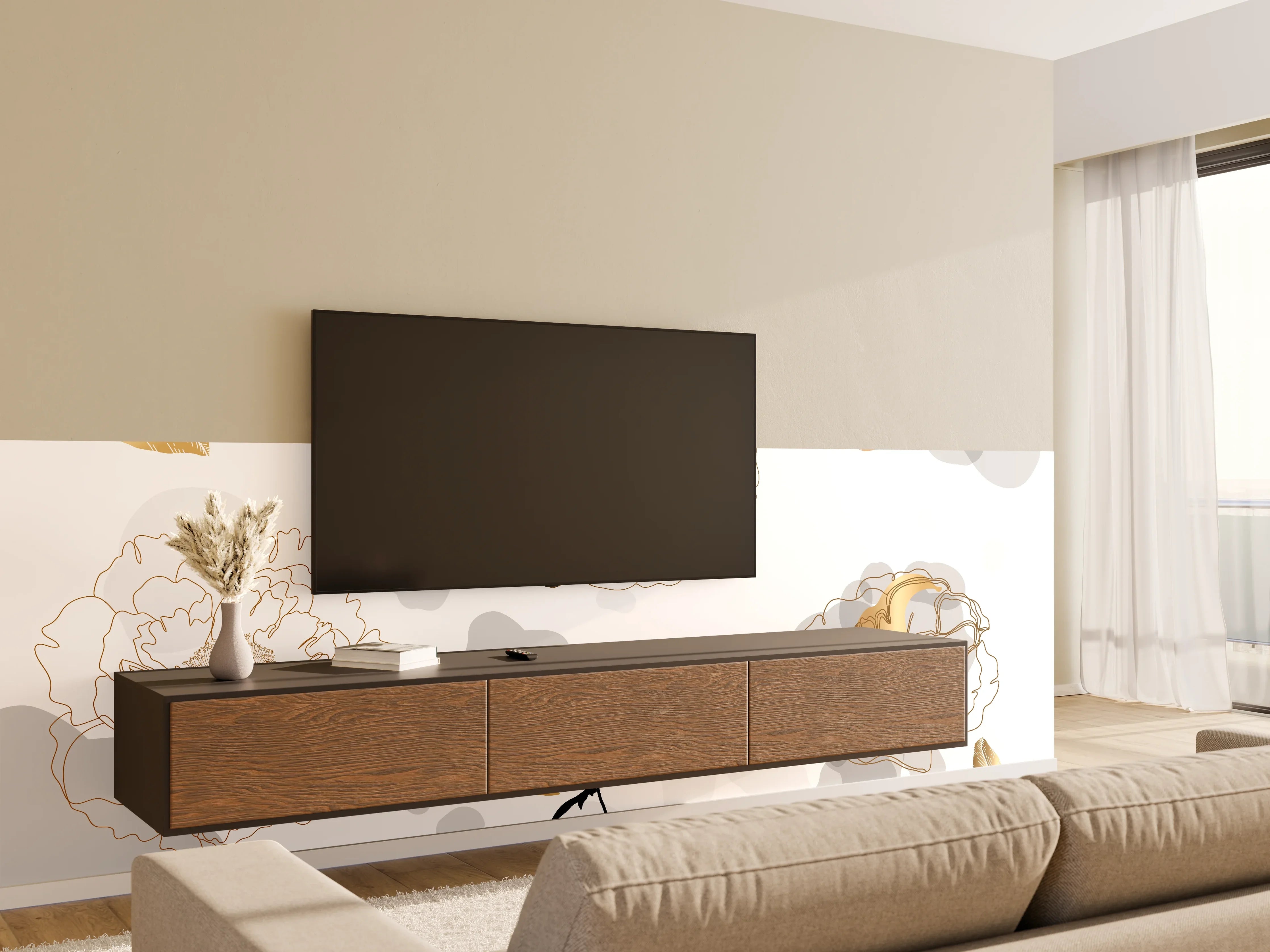 Wandverkleidung Wohnzimmer - Elegante Gold-Grau Floral Kunst
