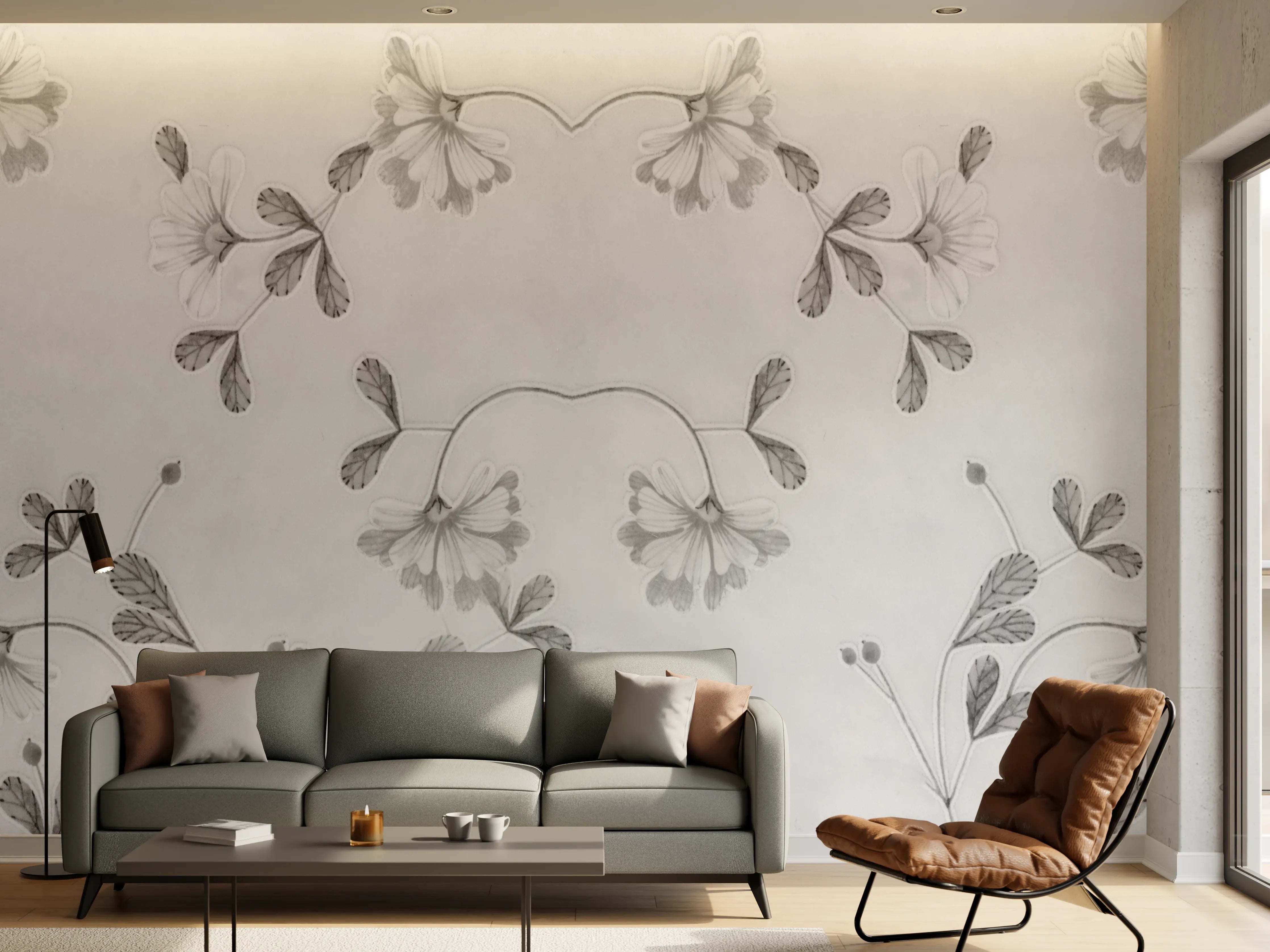 Wandverkleidung Wohnzimmer - Elegante Grau-Weiße Blumenmuster