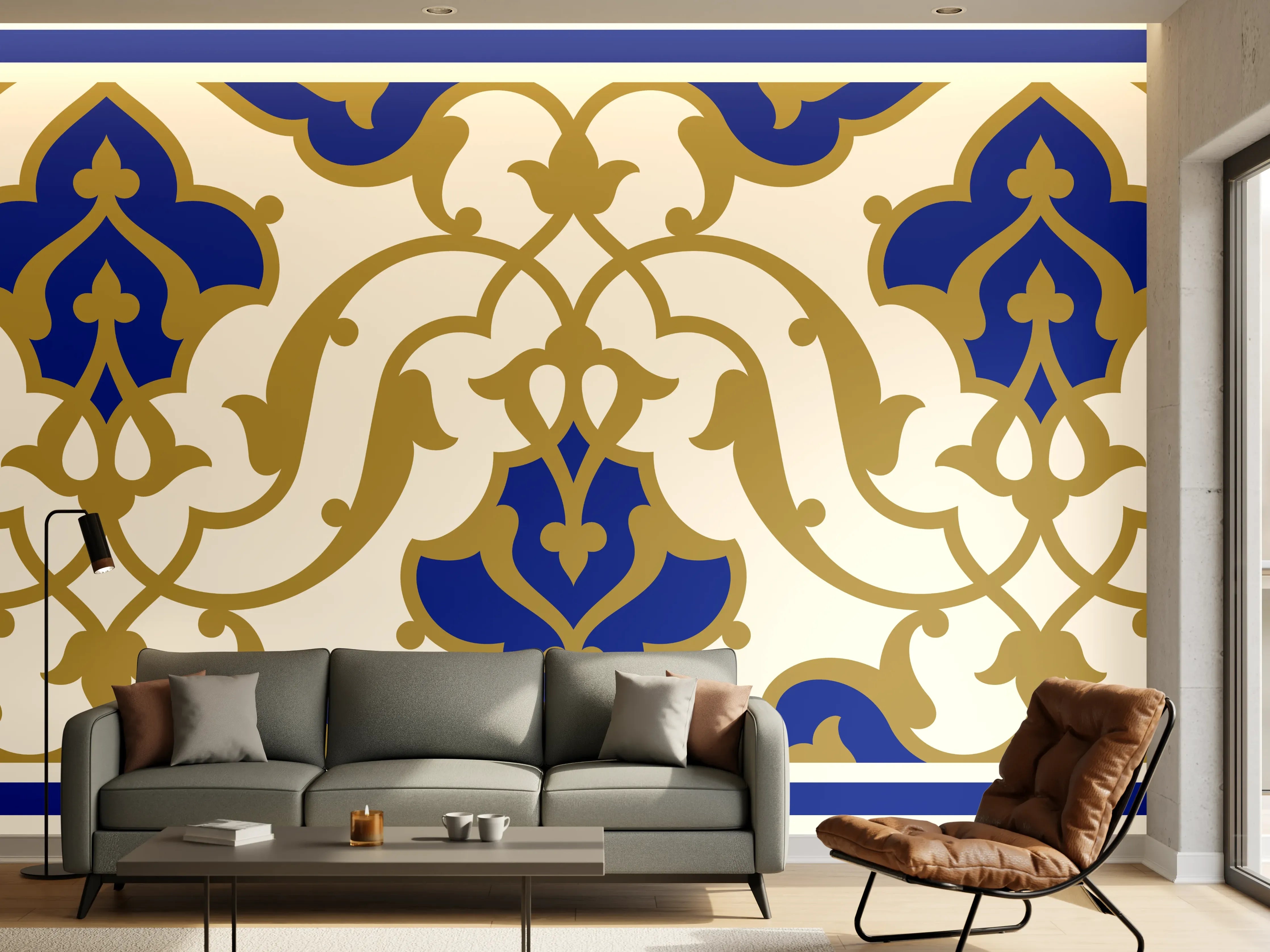 Wandverkleidung Wohnzimmer - Elegante Kachelmuster in Blau und Gold