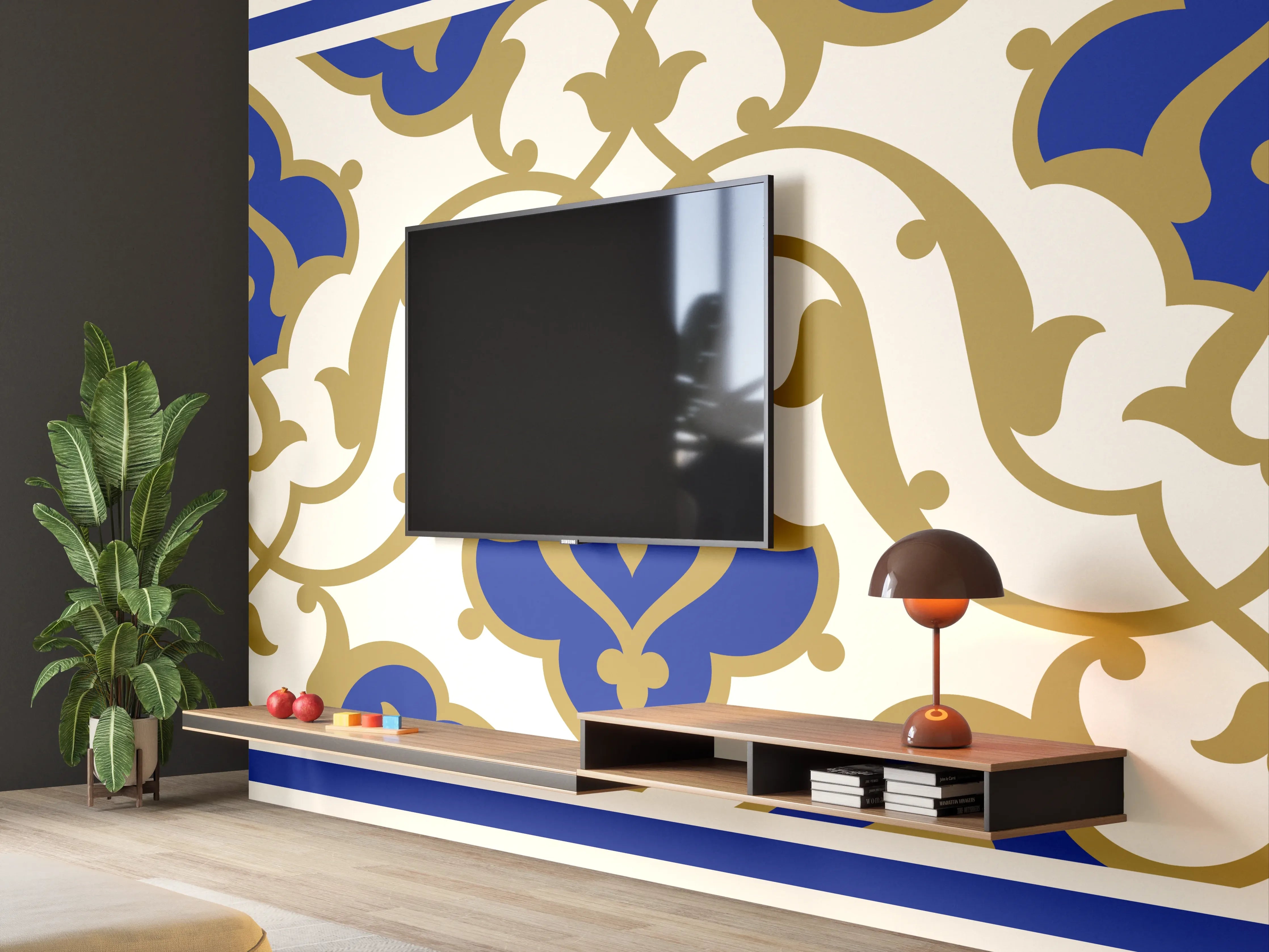 Wandverkleidung Wohnzimmer - Elegante Kachelmuster in Blau und Gold