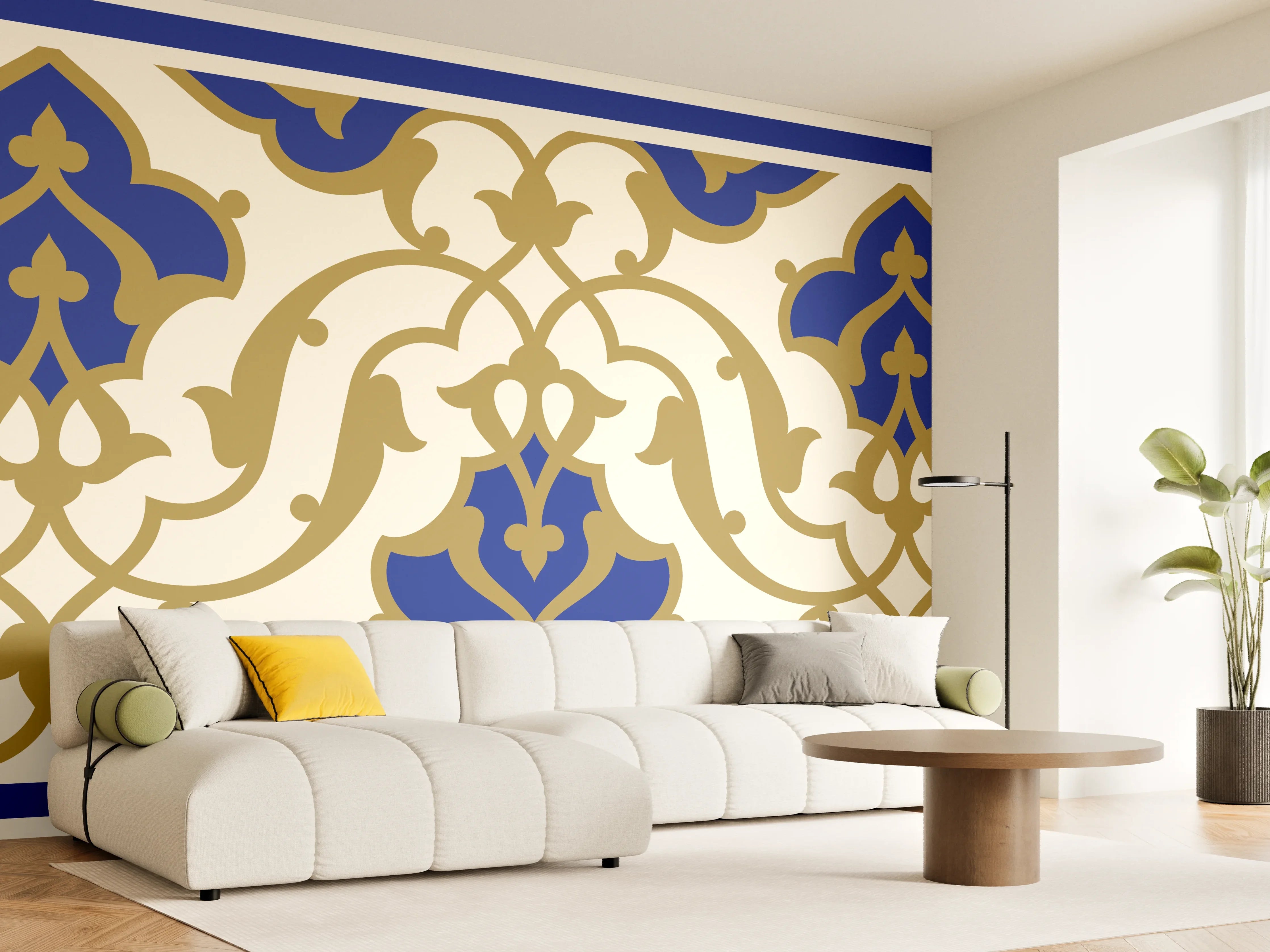 Wandverkleidung Wohnzimmer - Elegante Kachelmuster in Blau und Gold