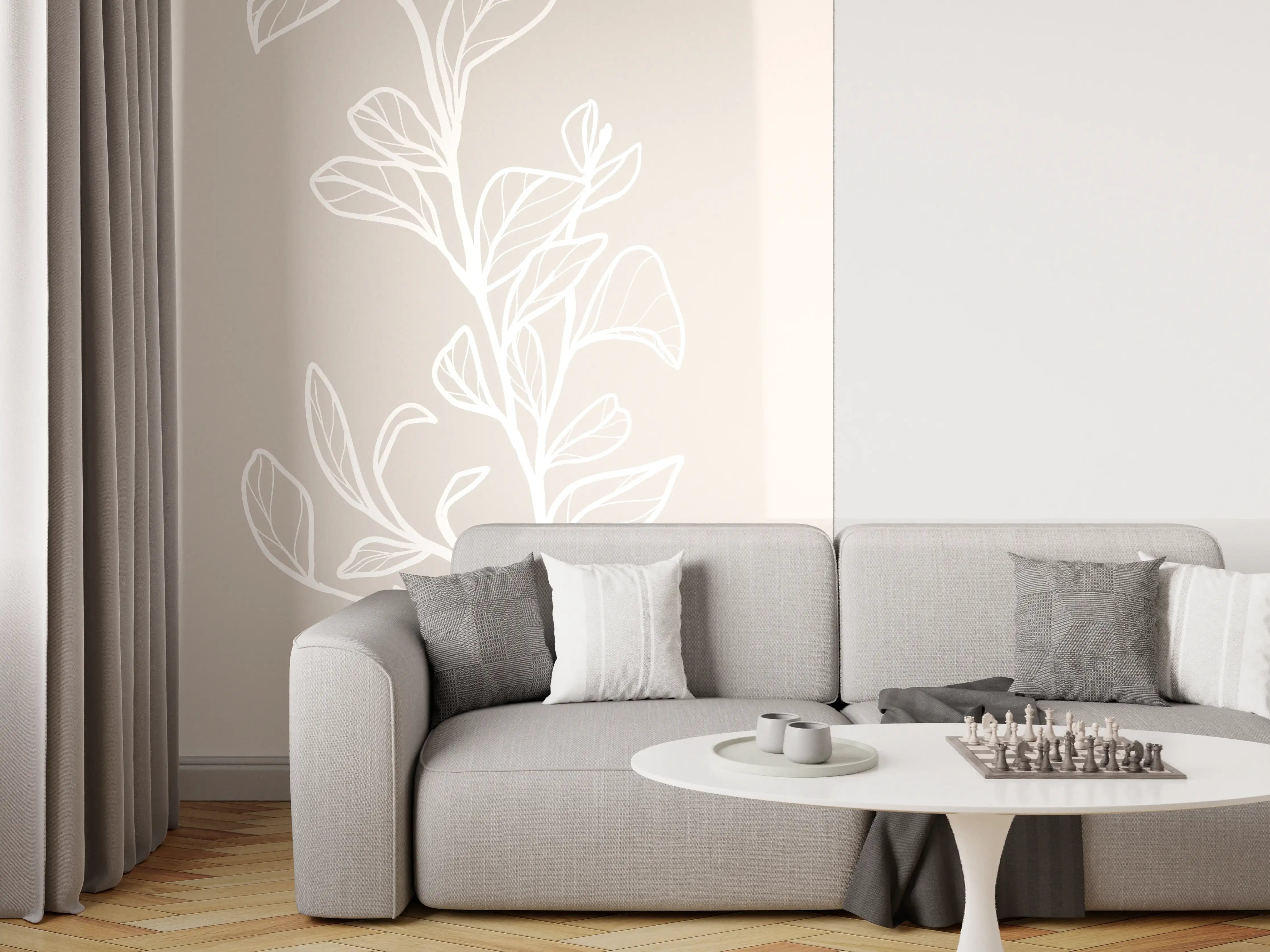 Wandverkleidung Wohnzimmer - Elegante Linienzeichnung von Pflanze