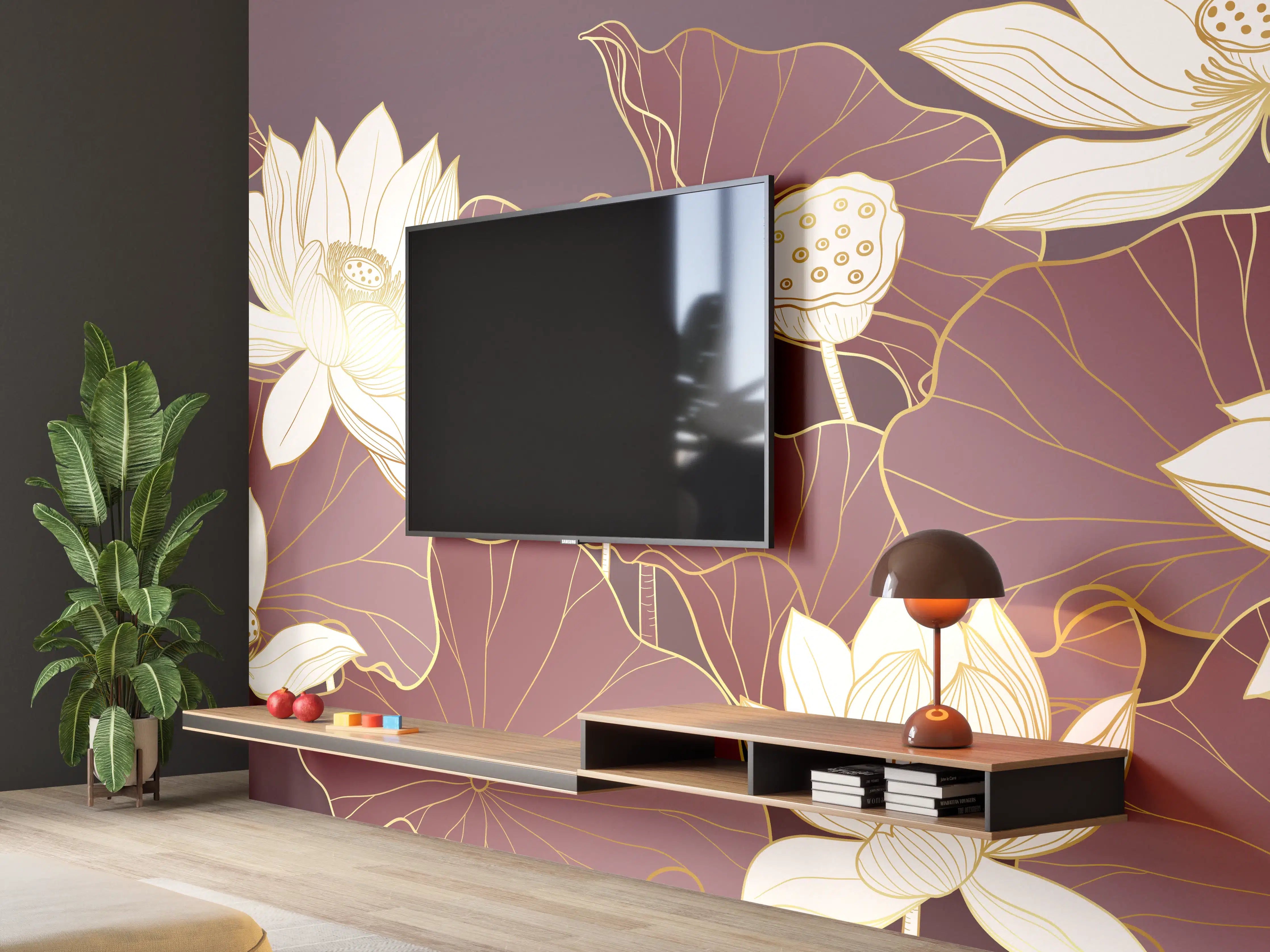 Wandverkleidung Wohnzimmer - Elegante Lotus-Blumen in warmen Tönen