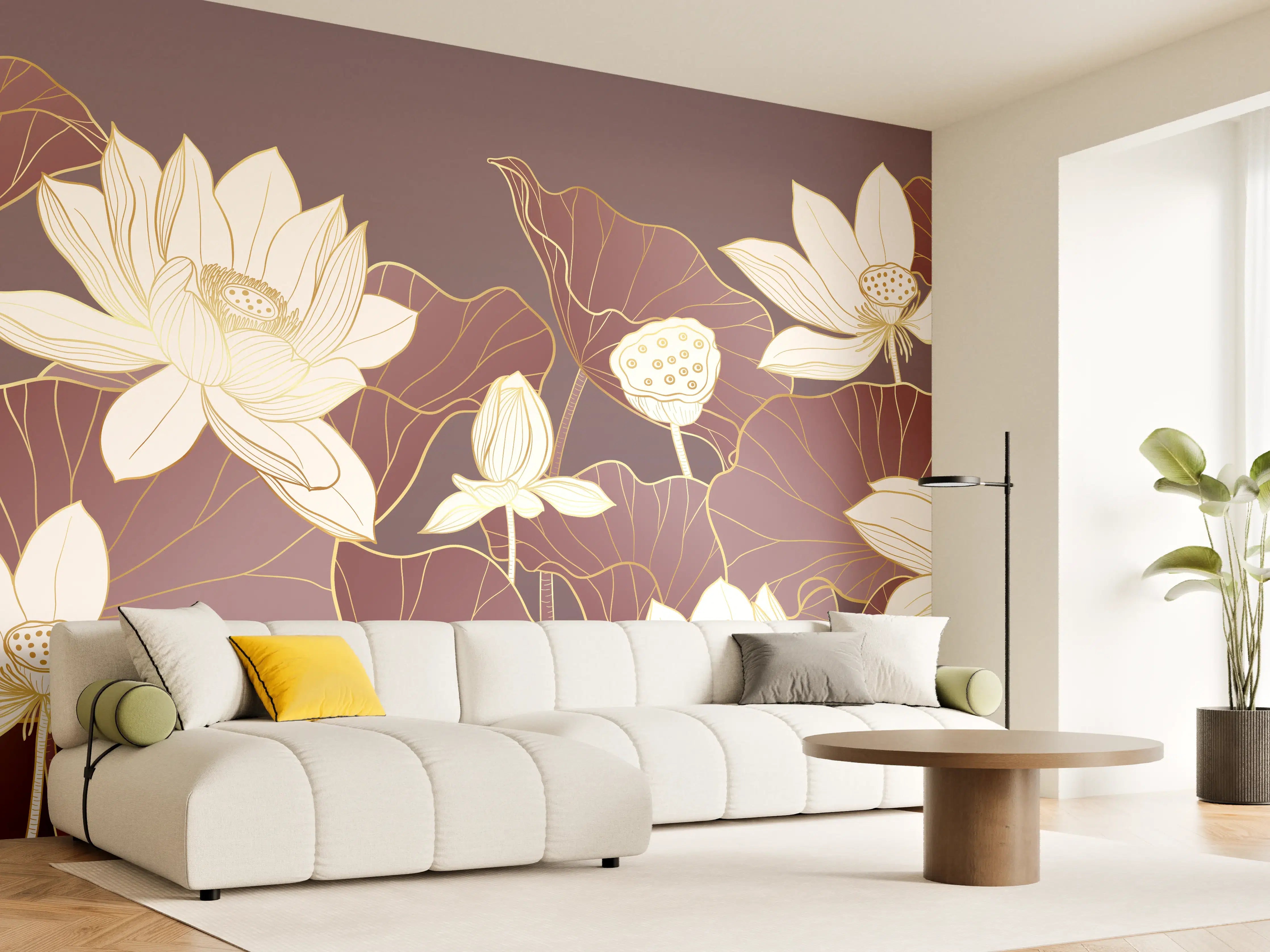 Wandverkleidung Wohnzimmer - Elegante Lotus-Blumen in warmen Tönen