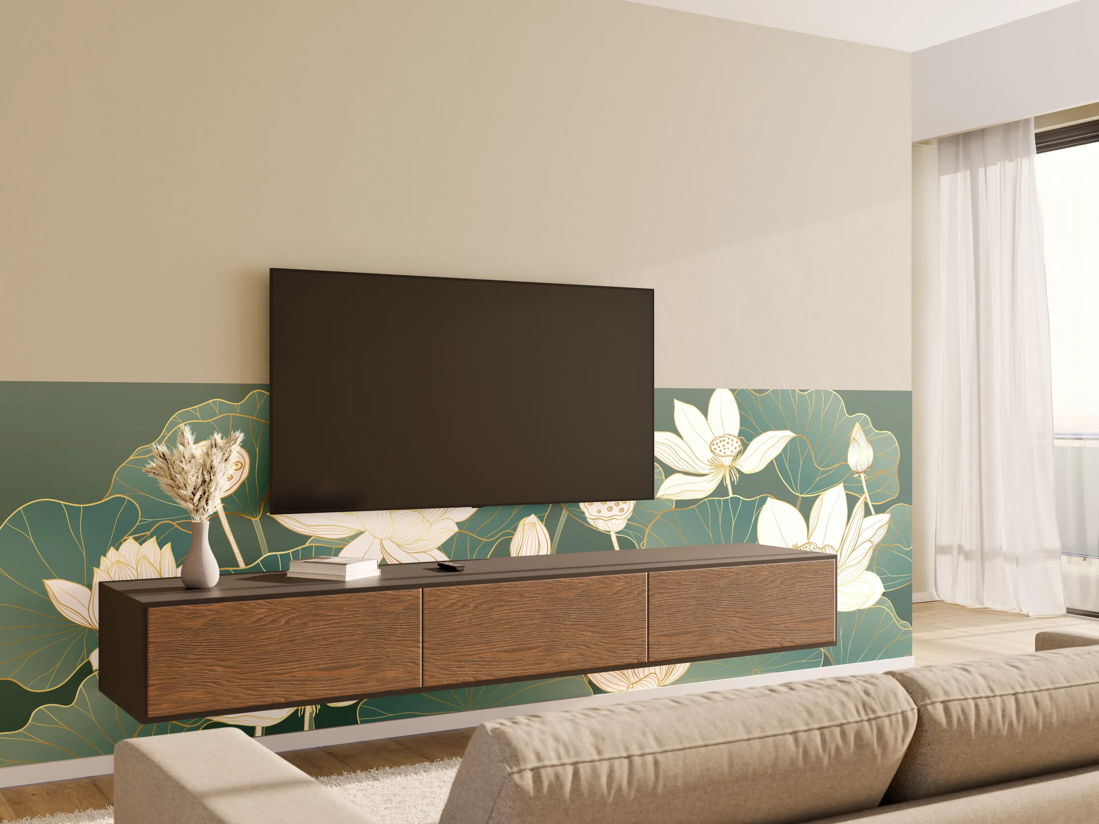 Wandverkleidung Wohnzimmer - Elegante Lotus-Design im Grün-Kontrast