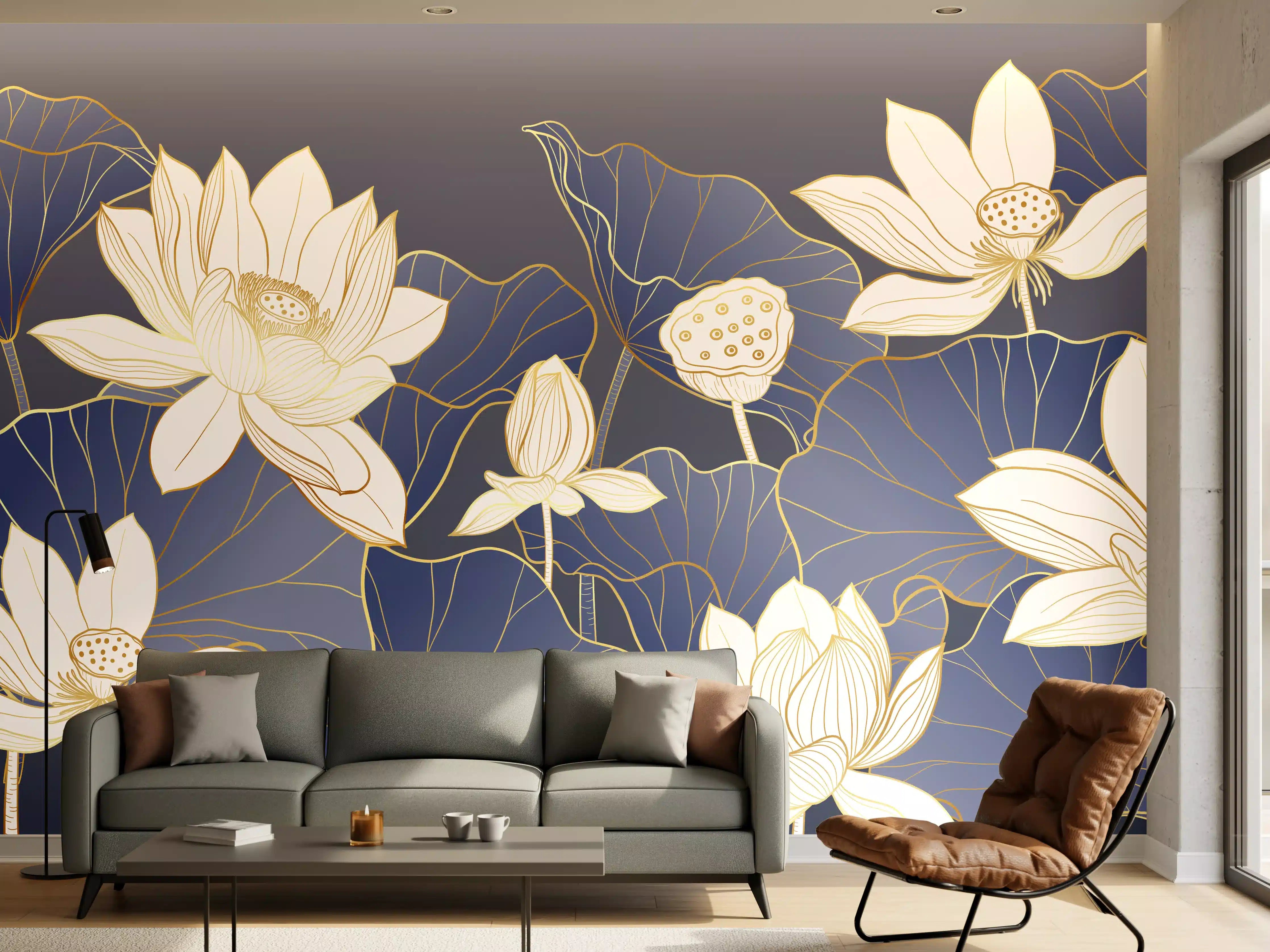 Wandverkleidung Wohnzimmer - Elegante Lotusblumen im blauen Wasser