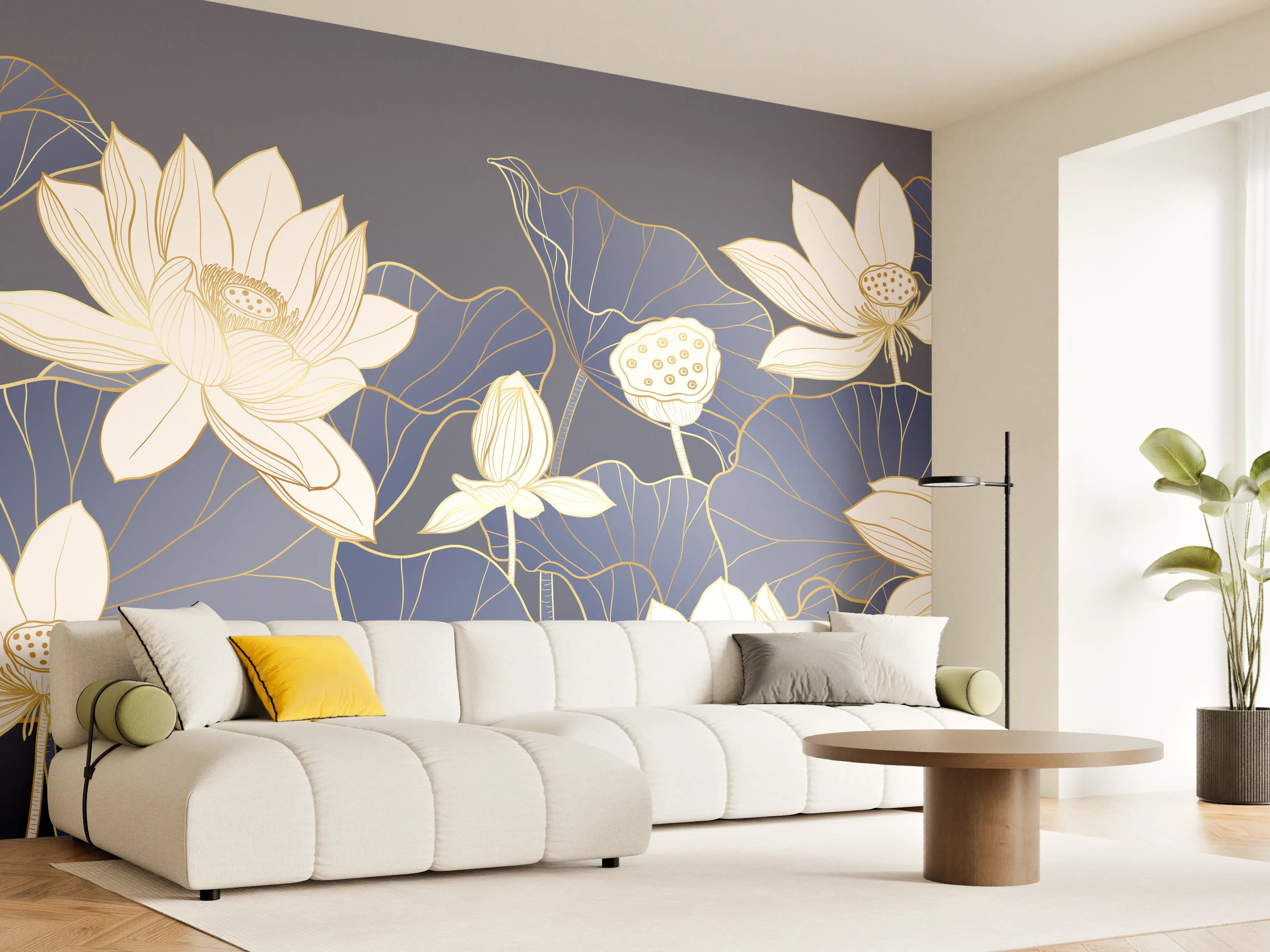 Wandverkleidung Wohnzimmer - Elegante Lotusblumen im blauen Wasser