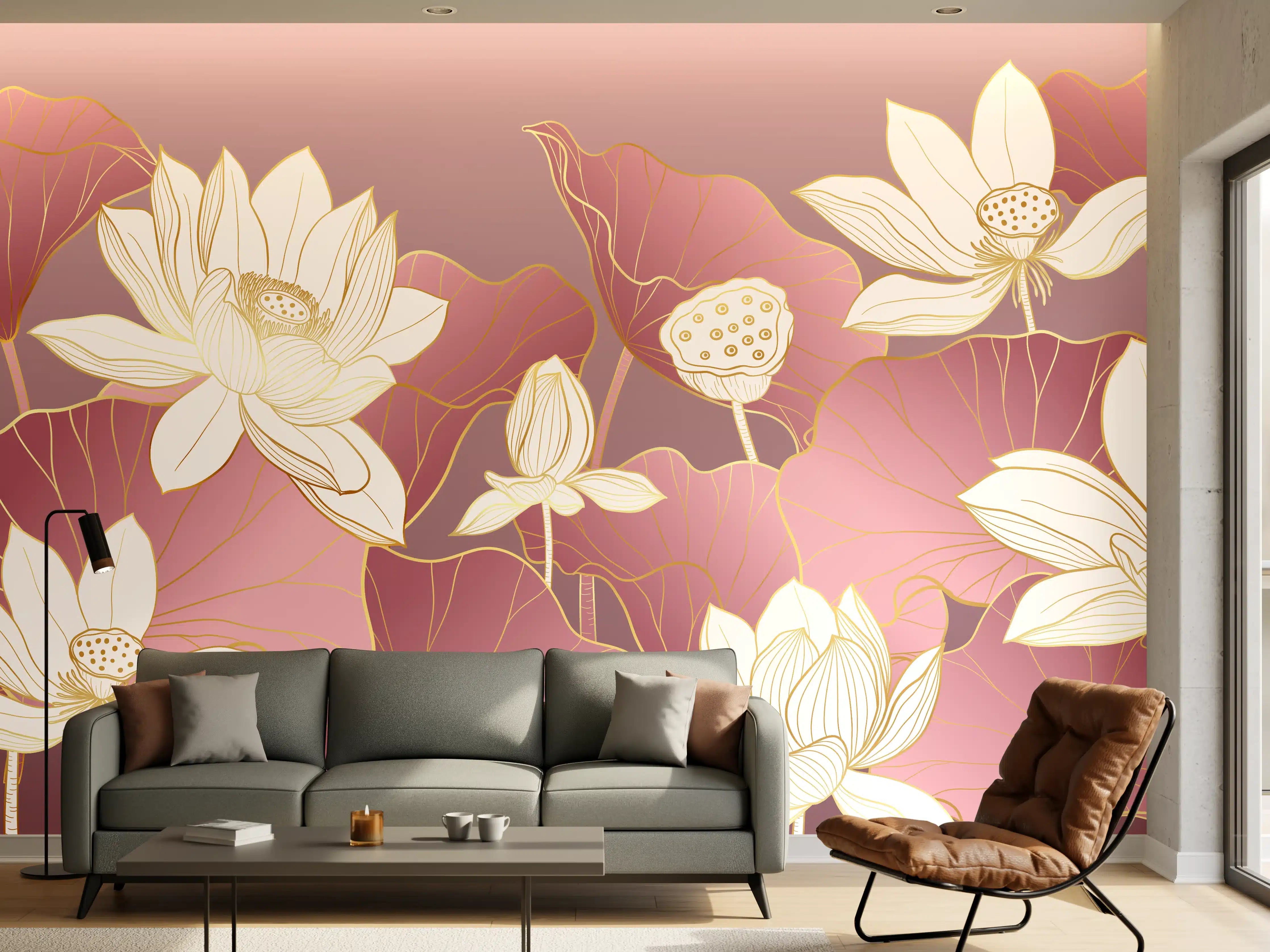 Wandverkleidung Wohnzimmer - Elegante Lotusblumen in Pastellfarben