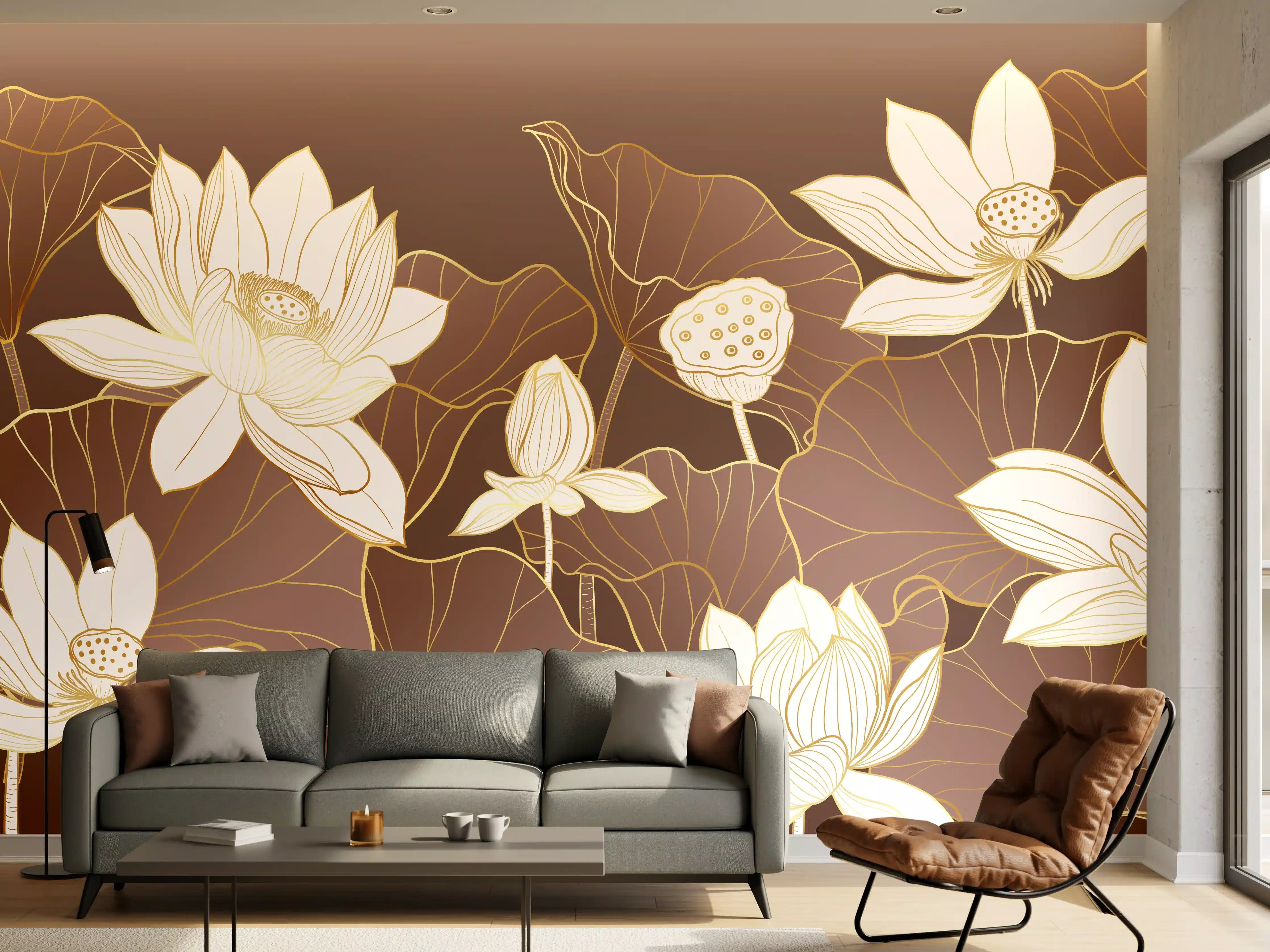Wandverkleidung Wohnzimmer - Elegante Lotusblumen in sanften Tönen