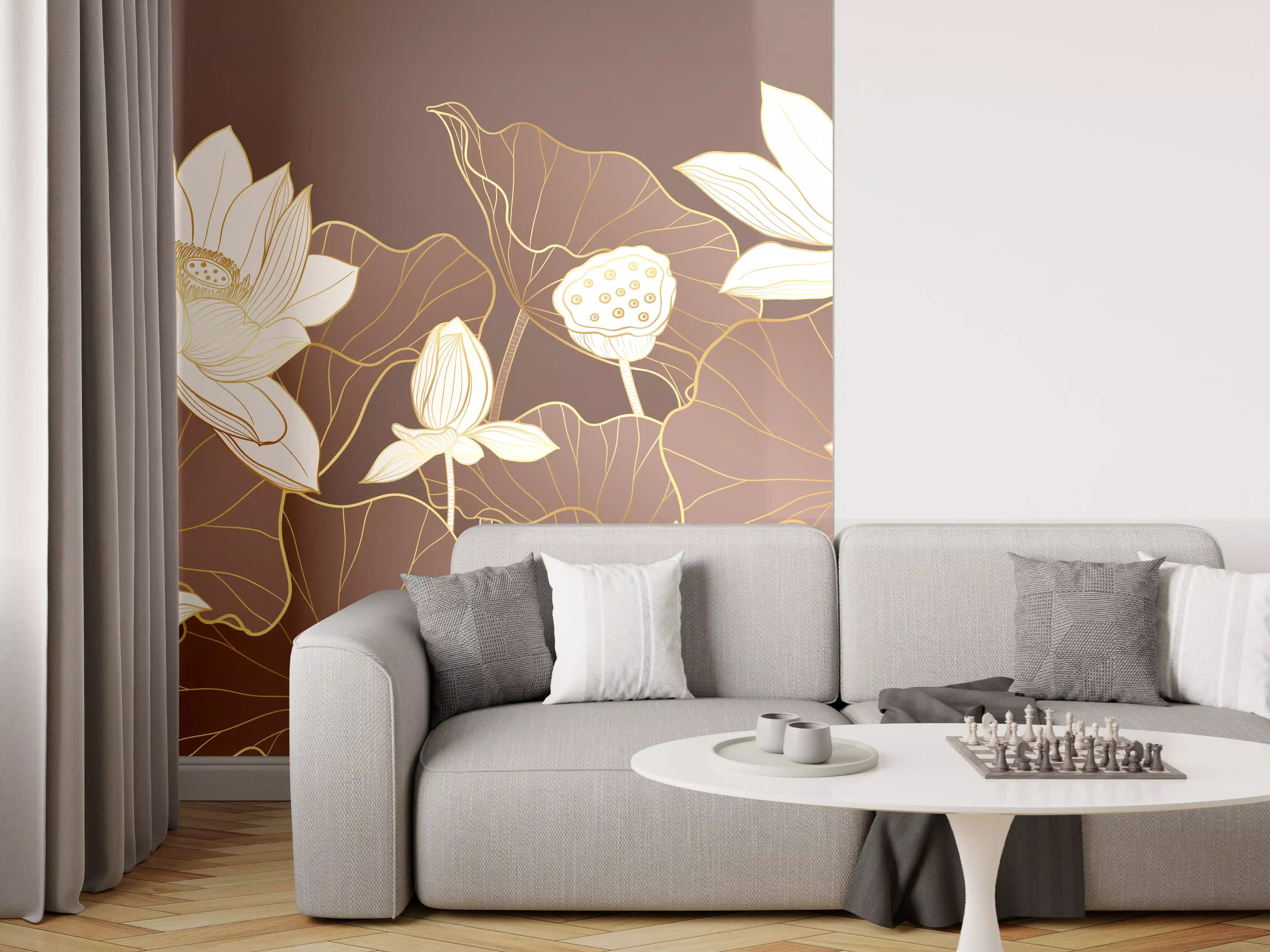 Wandverkleidung Wohnzimmer - Elegante Lotusblumen in sanften Tönen